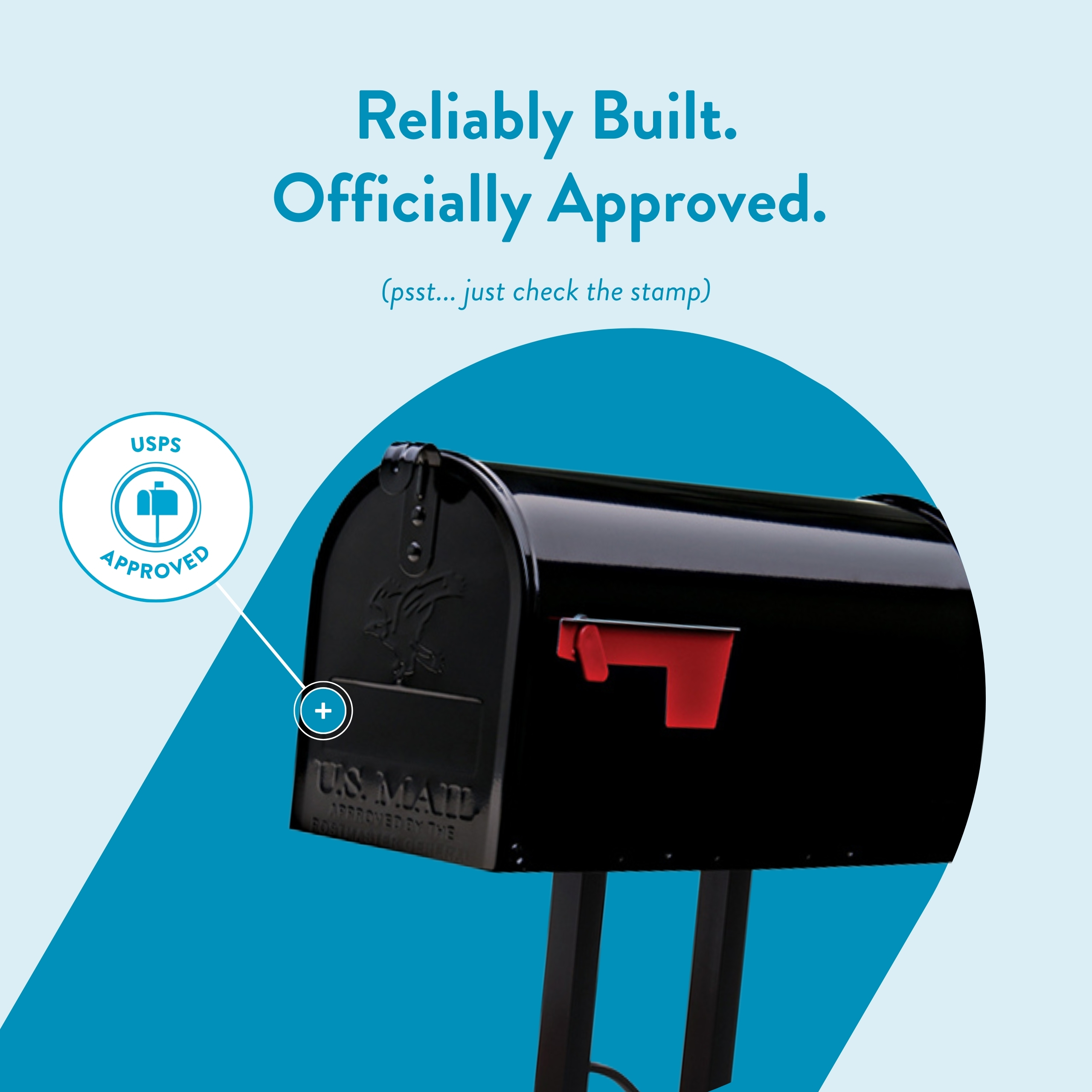 Promotional image: a black curbside mailbox with a red flag, stamped 'USPS Approved' and the headline 'Reliably Built. Officially Approved.'