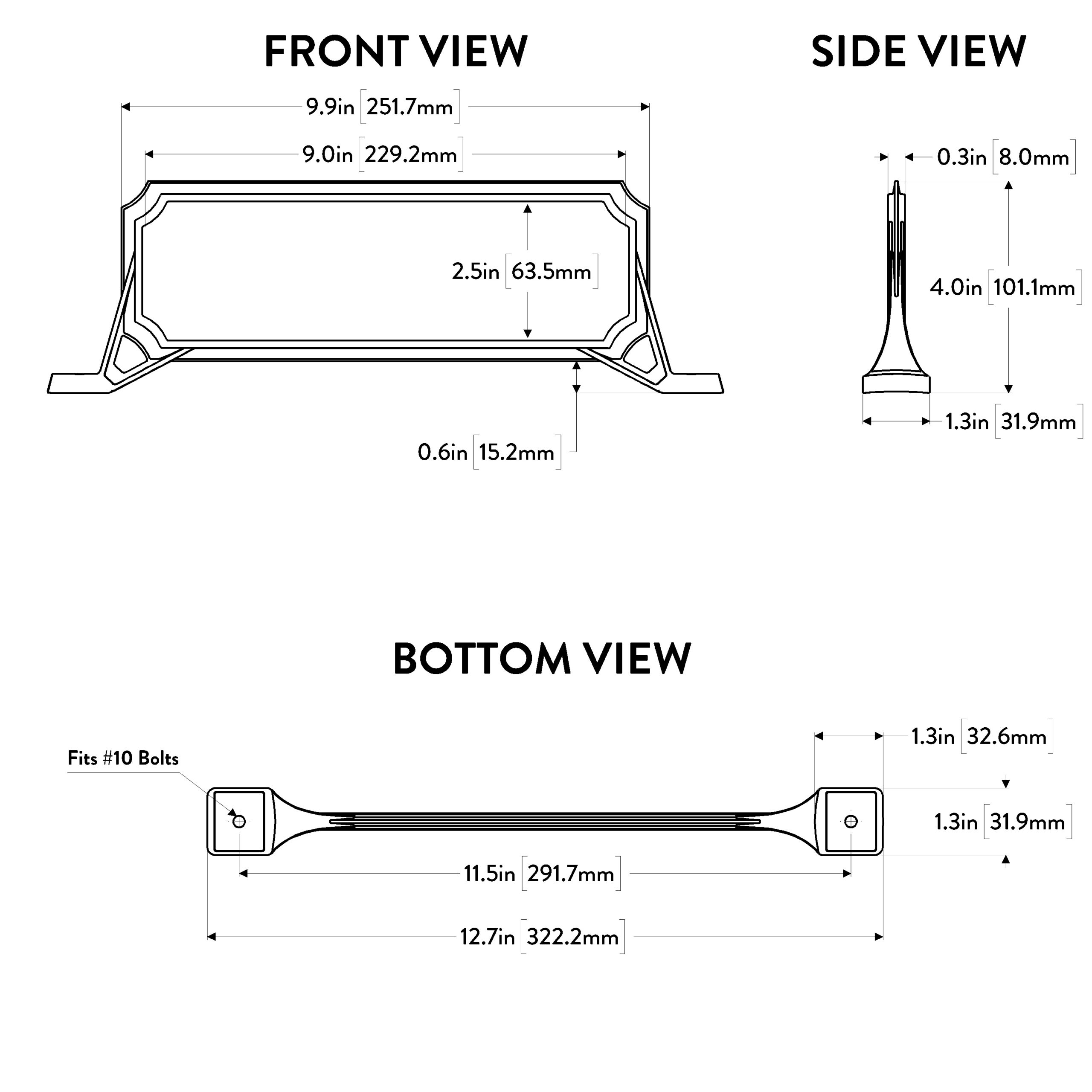 Technical drawing of a product with front, side, and bottom views and dimensions (12.7in long, 4in tall, bolt holes for #10 bolts).