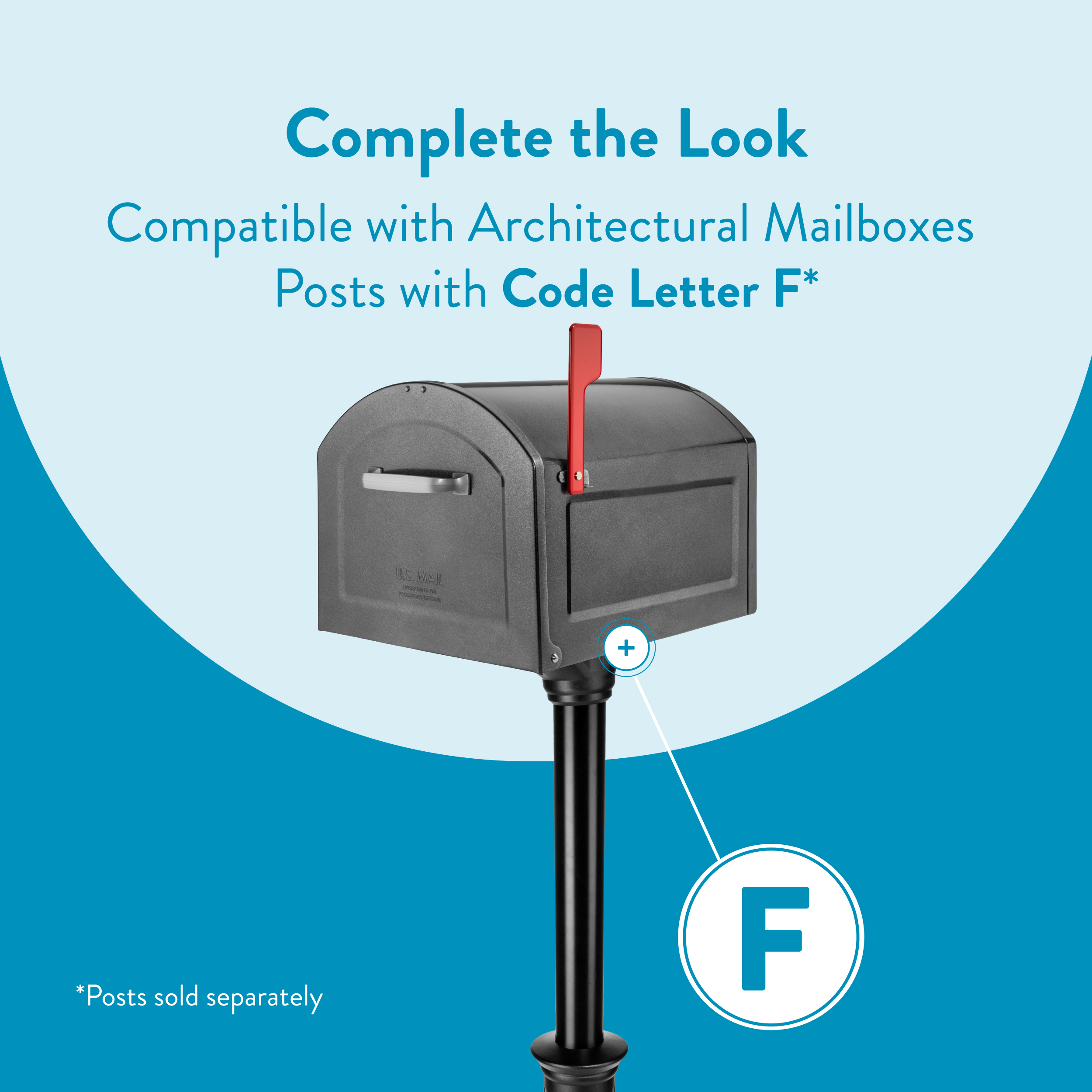 Marketing image showing a grey mailbox on a black post with a red flag, promoting compatibility with Code F posts.