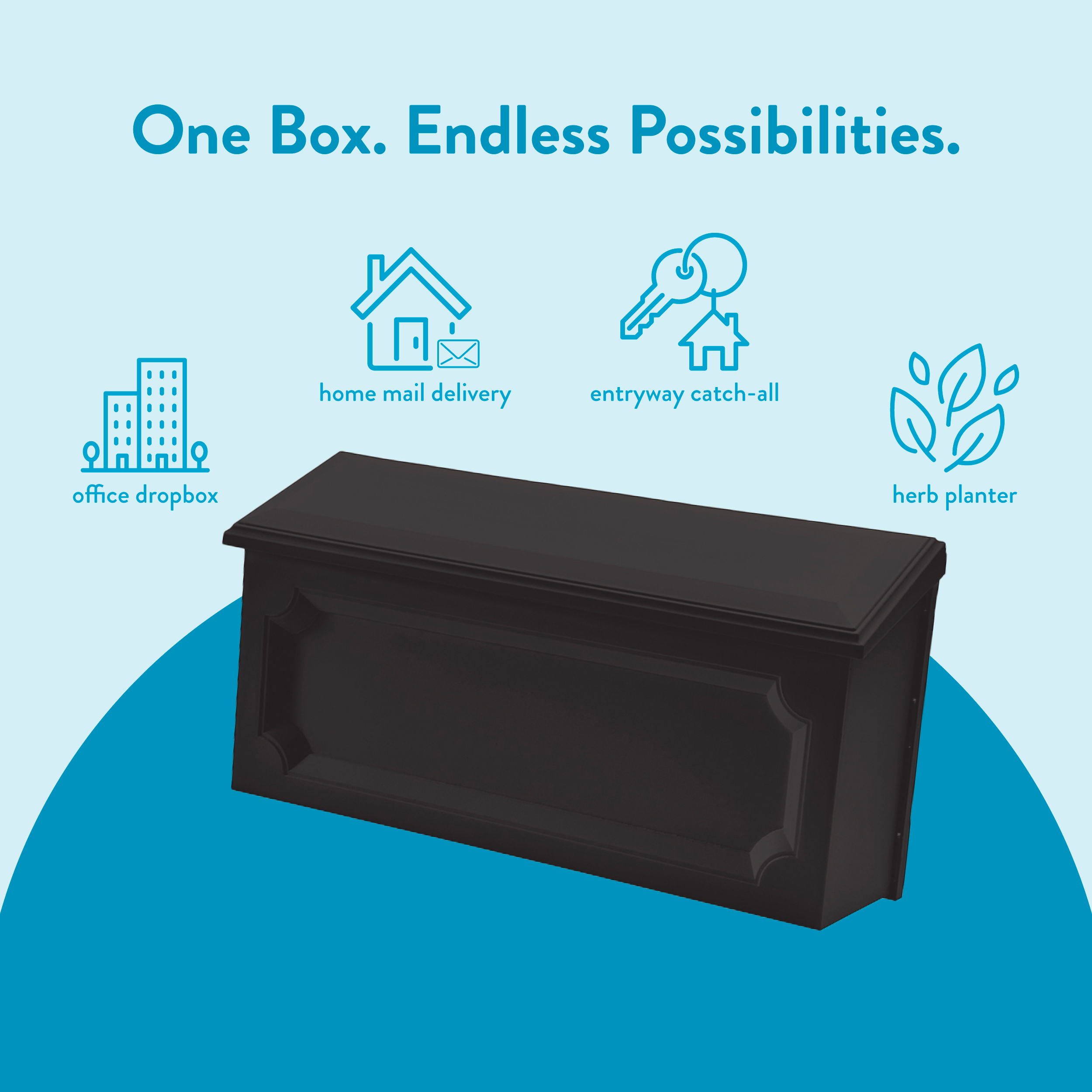 Promotional banner showing a black mailbox with blue icons and the slogan 'One Box. Endless Possibilities.' on a light blue background, advertising a versatile mailbox.