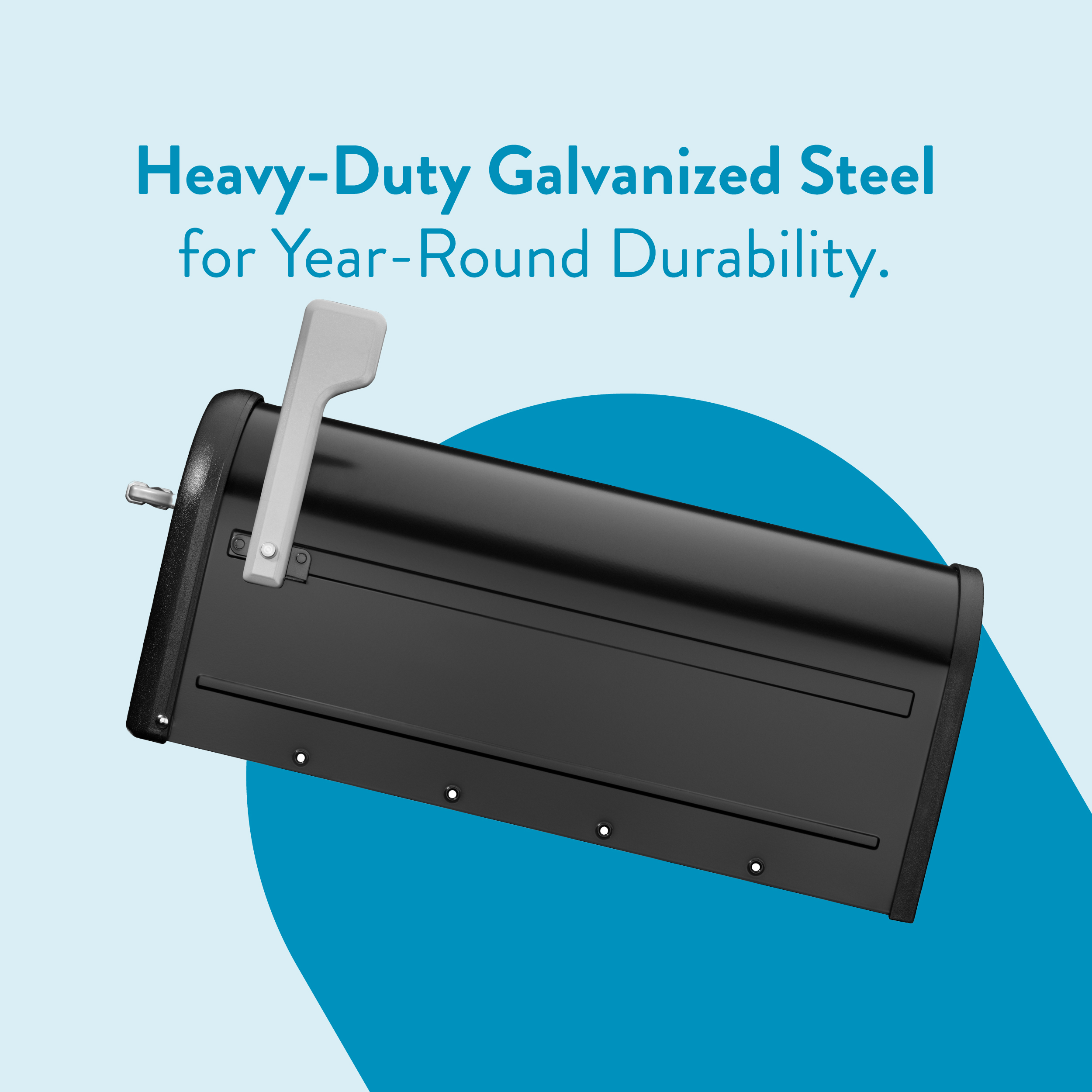 Banner promoting heavy-duty galvanized steel with the phrase 'Heavy-Duty Galvanized Steel for Year-Round Durability.' and a partial view of a black mechanical component.