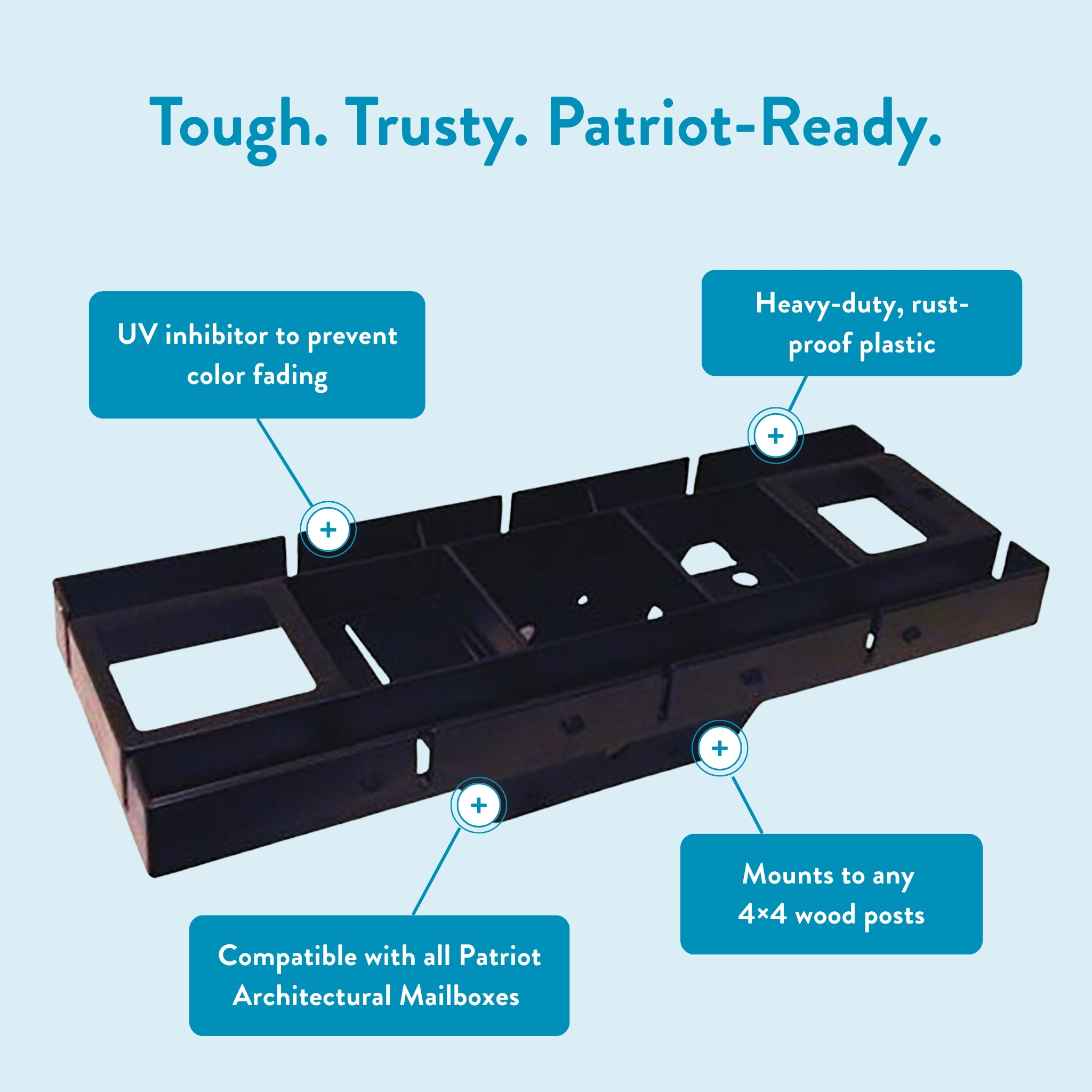 Infographic showing a Patriot mailbox mount with features: UV protection, rust-proof plastic, 4x4 post compatibility, and mailbox compatibility.
