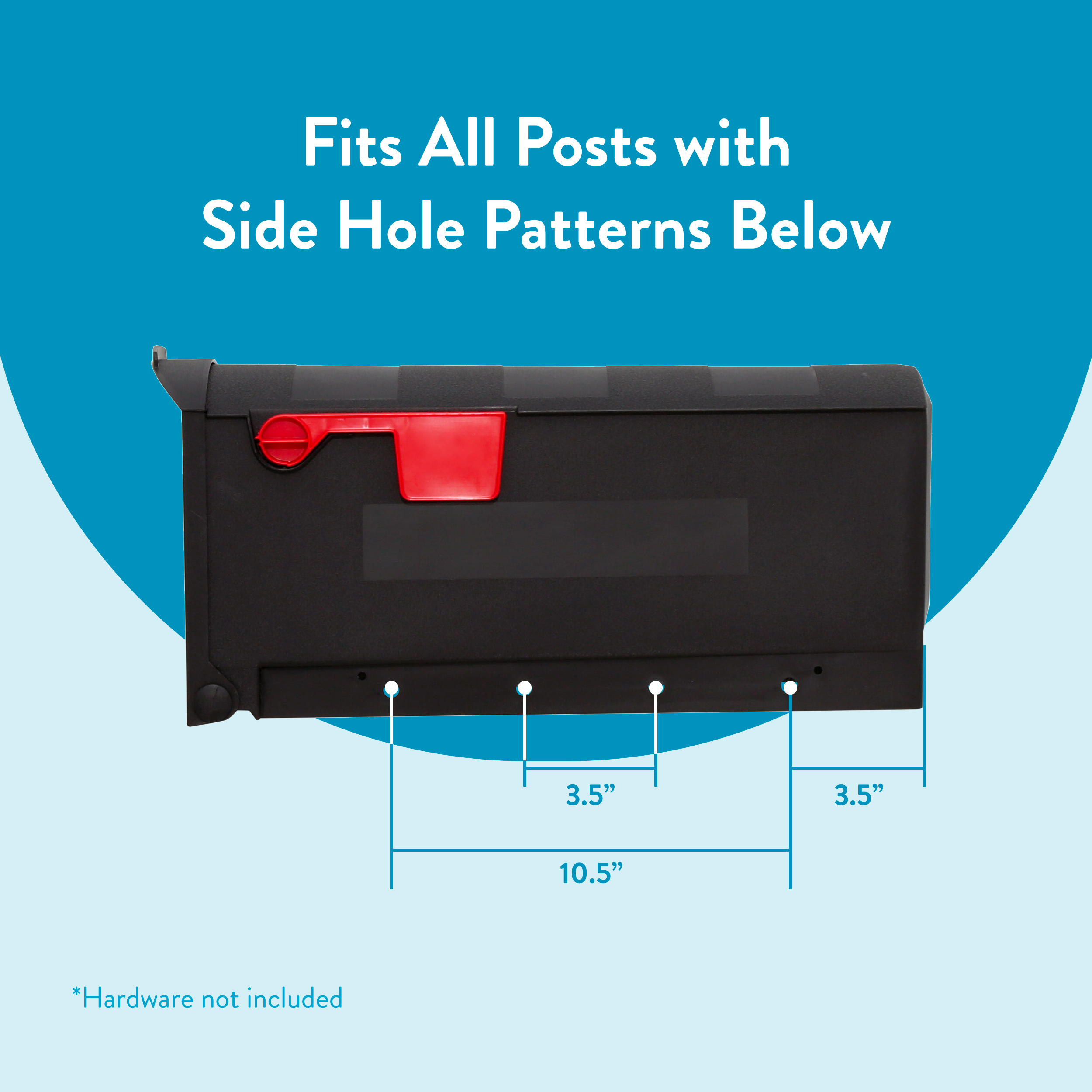 Infographic of a black mounting box with red latch against a blue background; shows dimensions (10.5 in) and hole spacing (3.5 in) with the caption “Fits All Posts with Side Hole Patterns Below.”