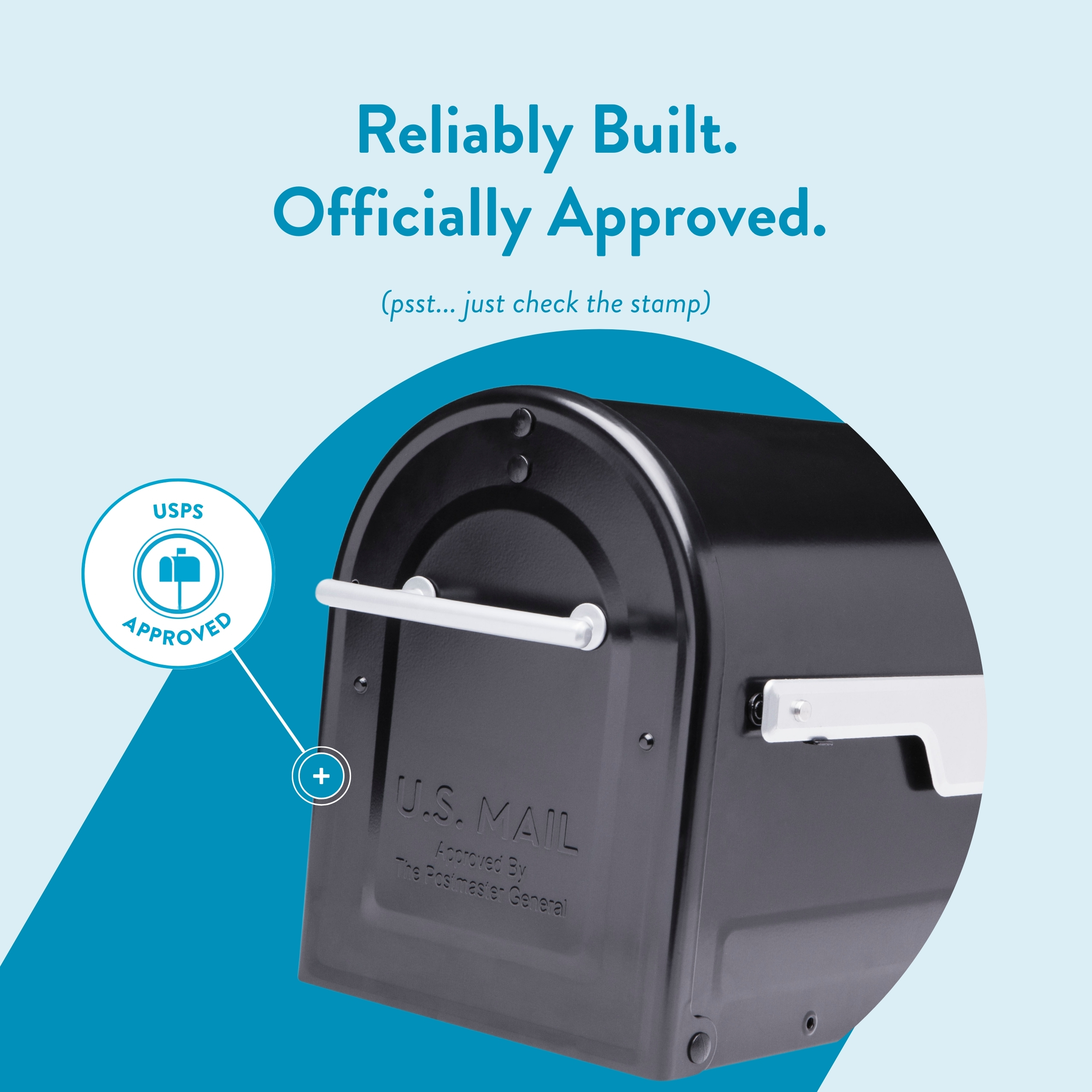 Promotional graphic for a USPS-approved mailbox: a black mailbox against a light blue background with a circular teal accent and the headline 'Reliably Built. Officially Approved.'