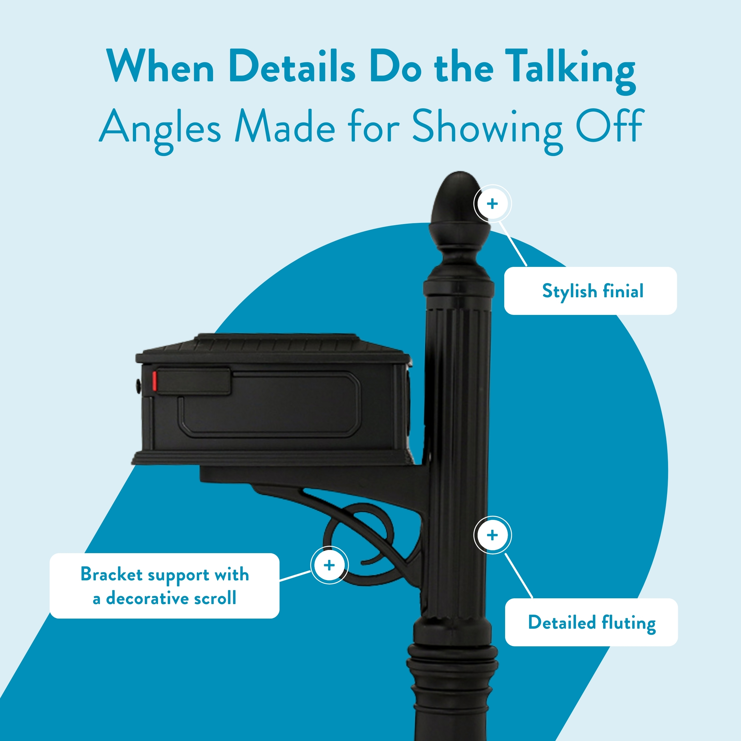 Infographic showing a black wand-like device on a stand, with labels highlighting features: stylish finial, detailed fluting, and bracket support.