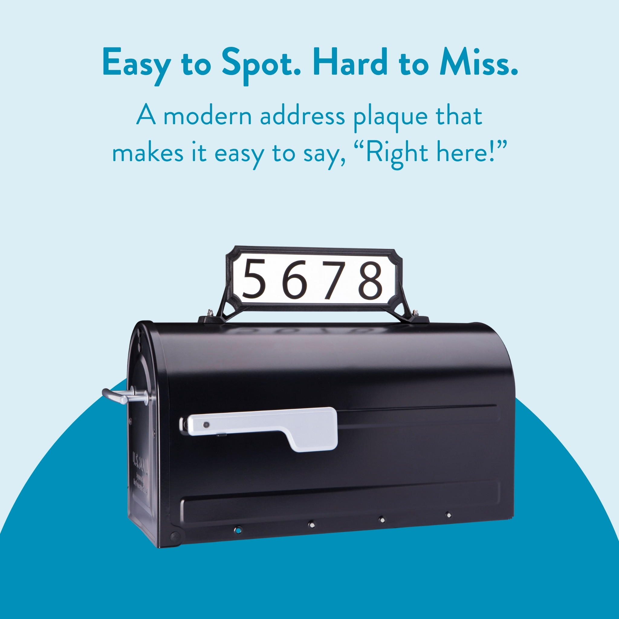 Modern address plaque displaying the numbers 5678 atop a black mailbox on a light blue background.