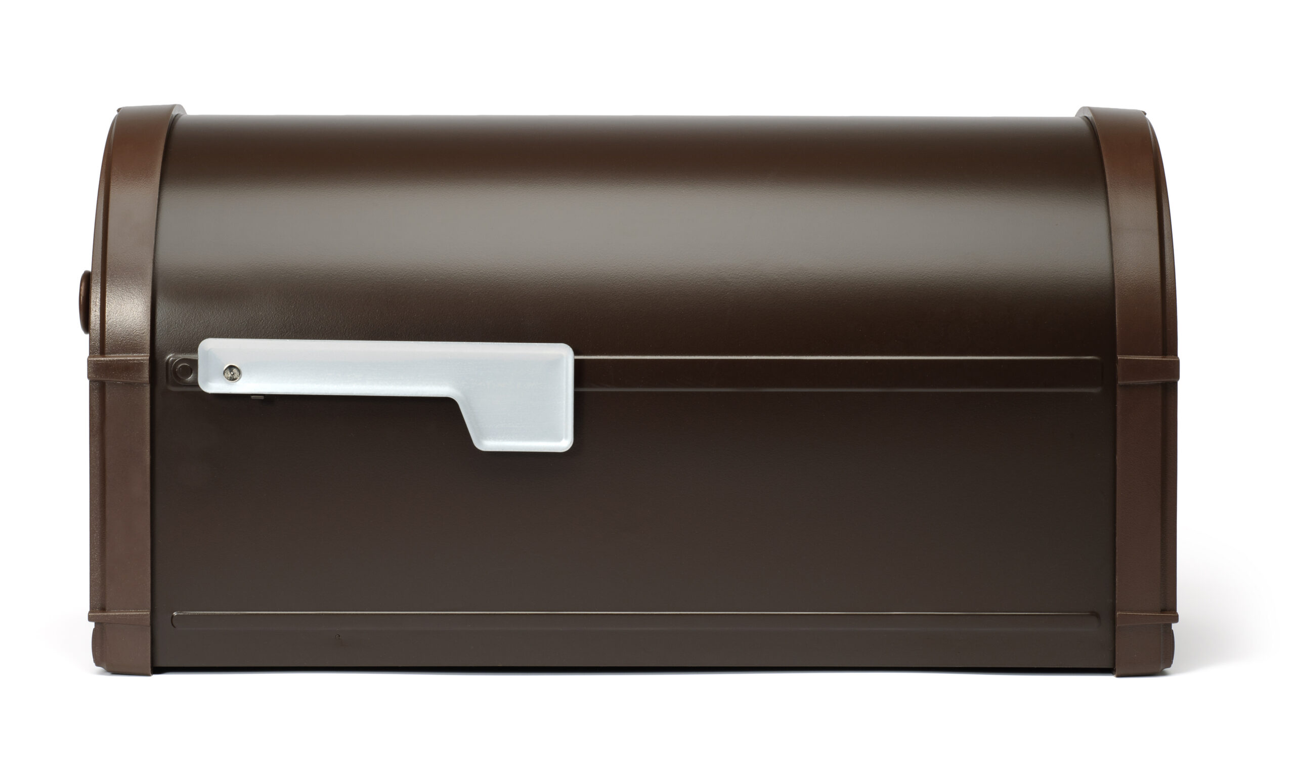 Brown horizontal mailbox with a silver metal handle on the front, set against a white background.