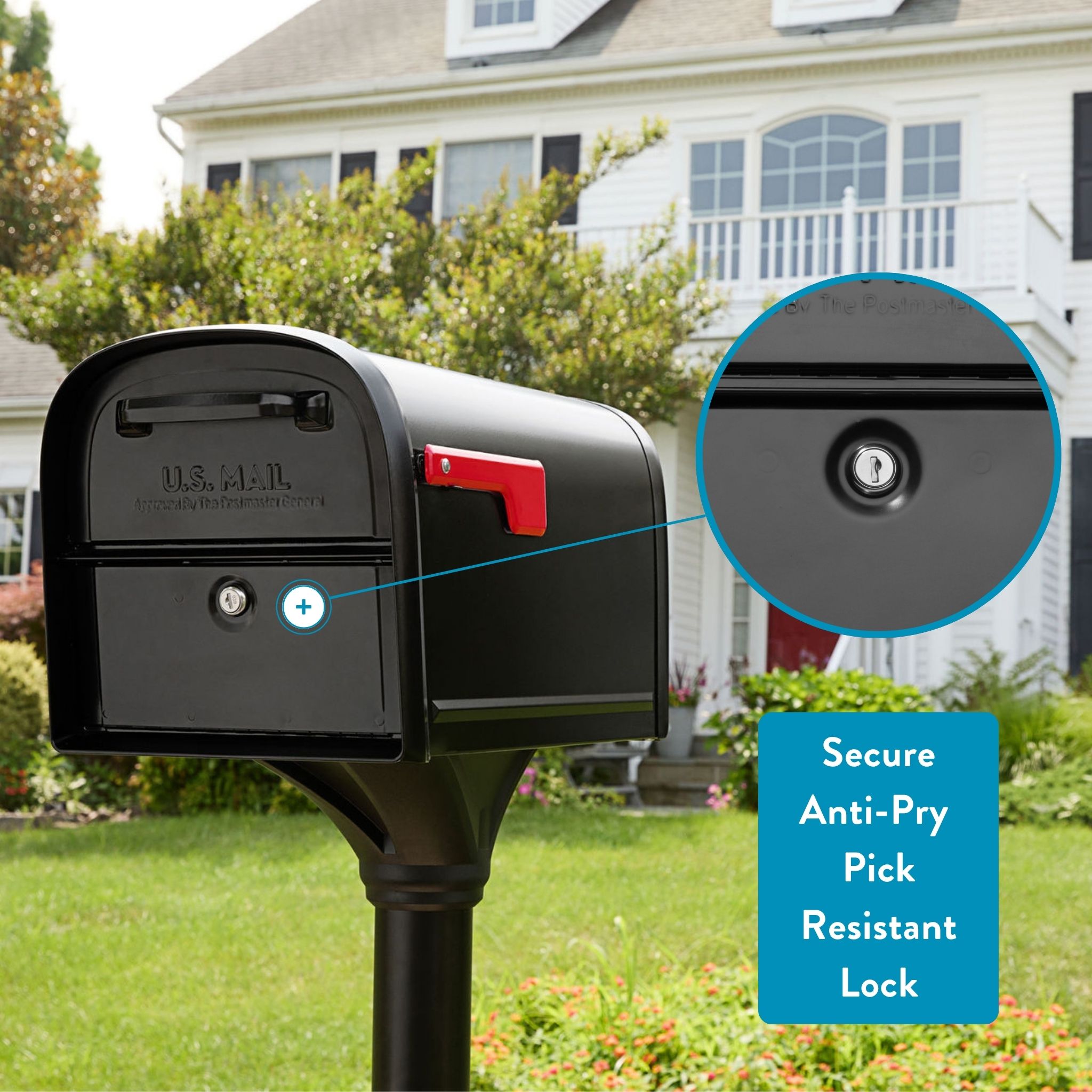 Black curbside USPS mailbox on a post with a close-up of its secure anti-pry pick-resistant lock; residential yard in background.