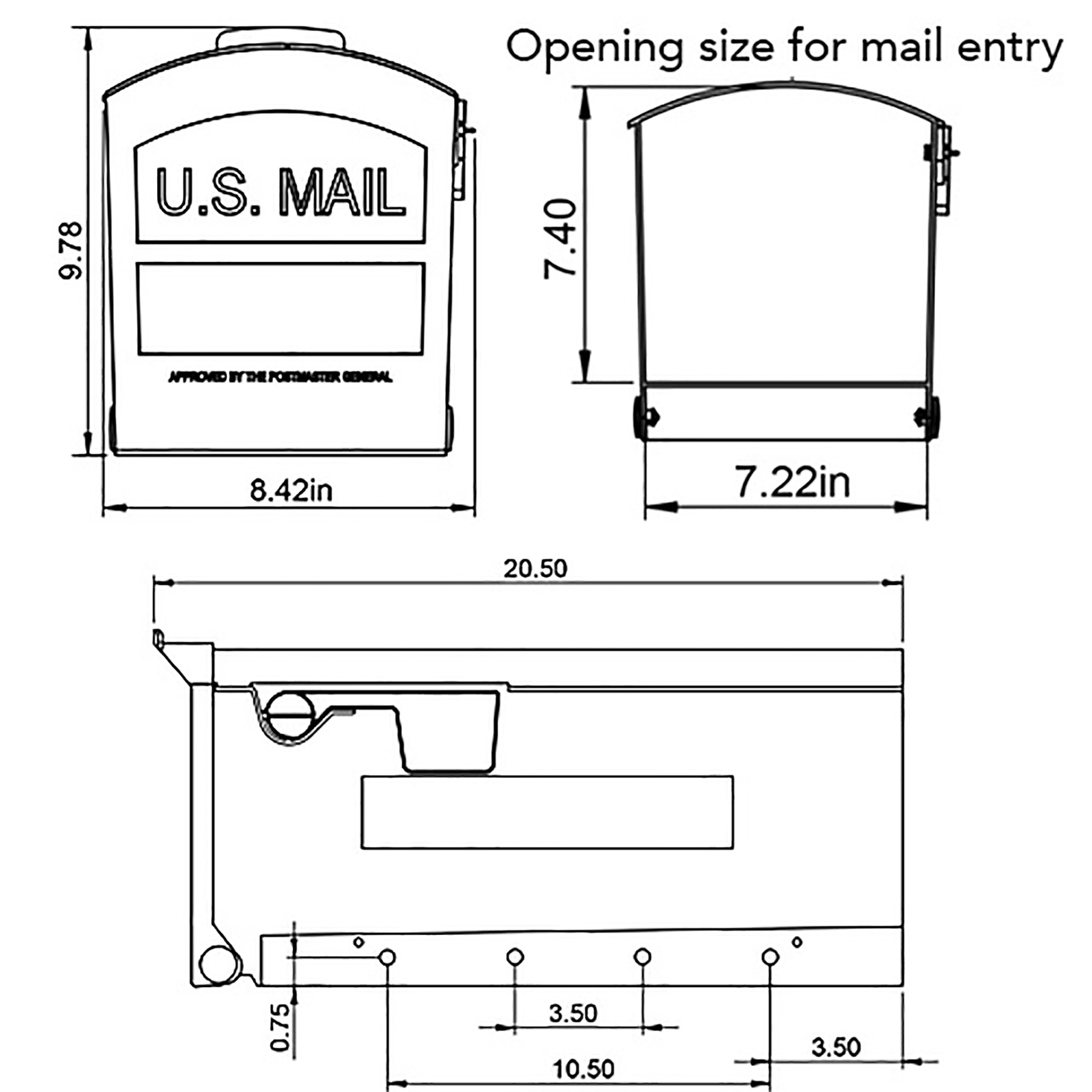 U.S. Mail drop box diagram with front and side views; opening 7.40 x 7.22 in, overall length 20.50 in.