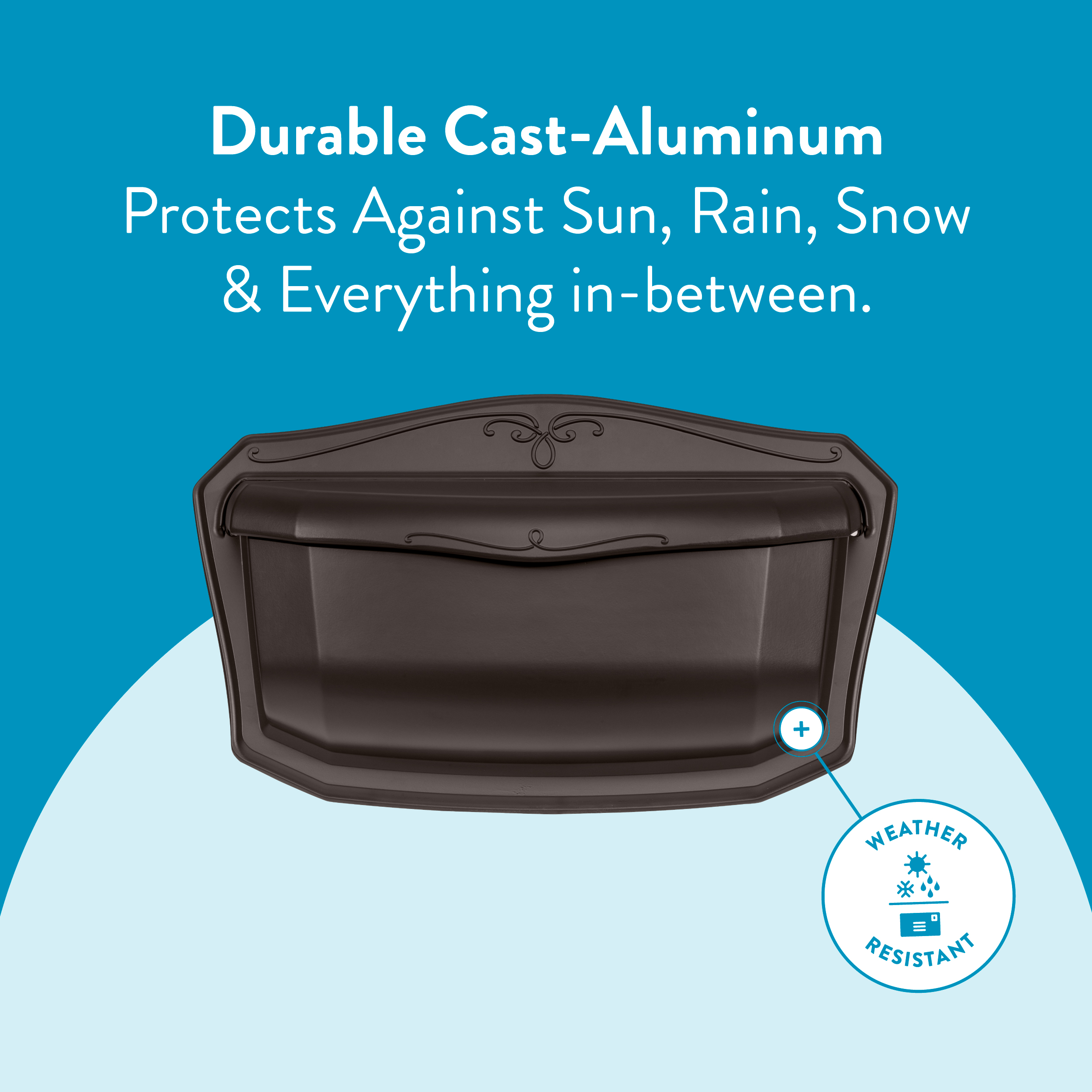 Durable cast-aluminum mailbox that protects against sun, rain, snow, and everything in-between, with a weather-resistant badge.
