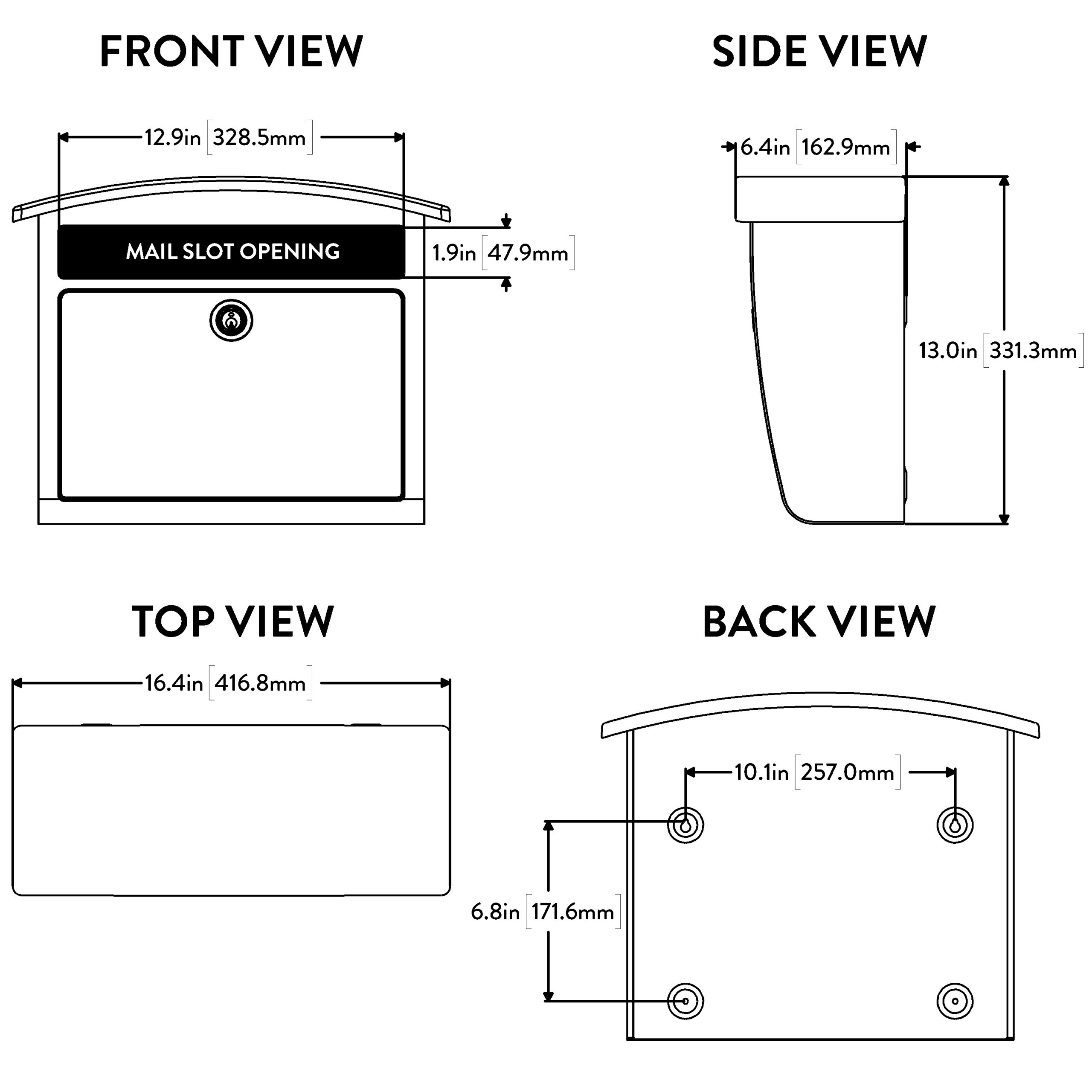 Front-view diagram of a curved-lid mailbox with a mail slot and locking door; width 12.9 inches, slot height 1.9 inches (47.9 mm).