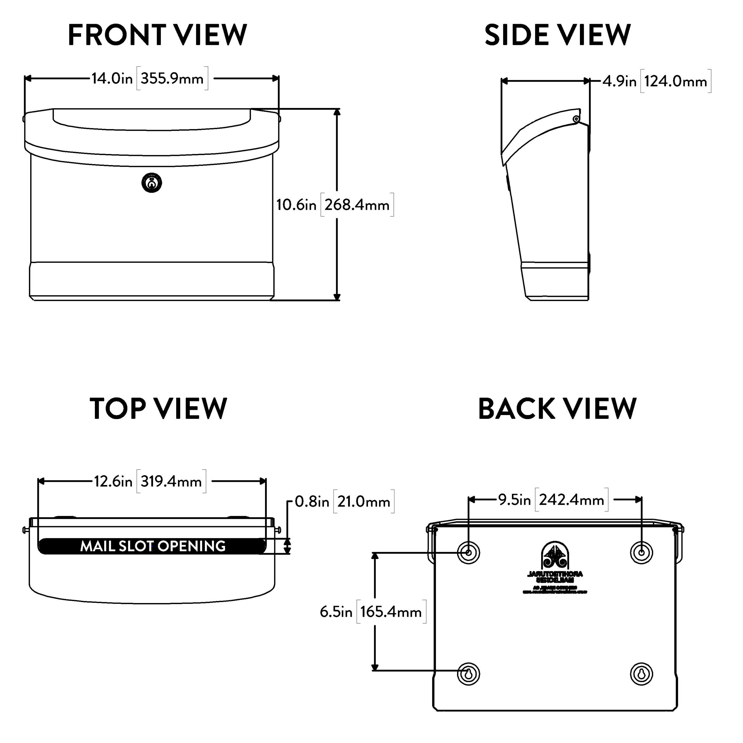 Engineering diagram of a mail drop box showing front, side, top, and back views with dimensions labeled by arrows and numbers.