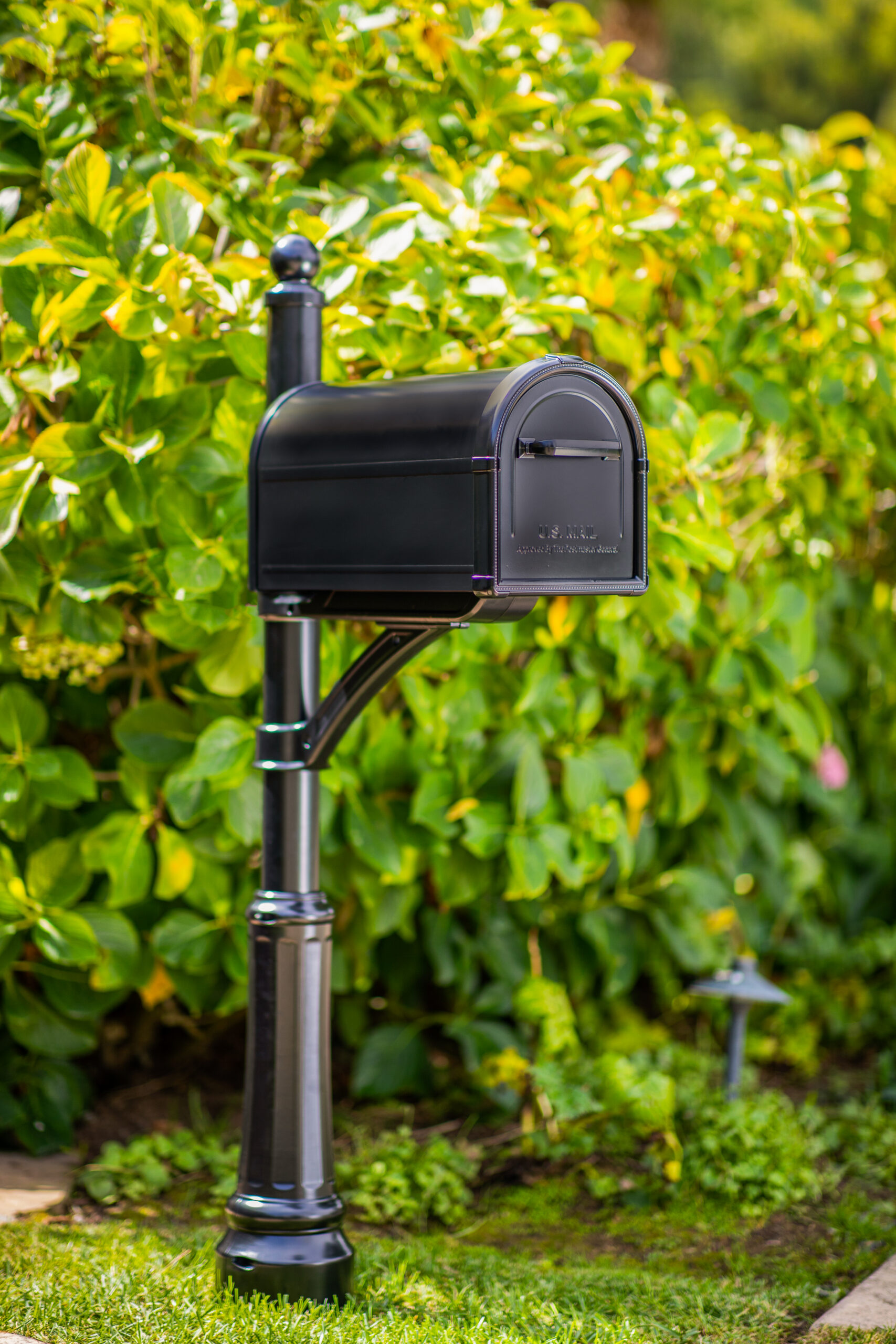 Black curbside mailbox on a metal post beside a green hedge in a sunny yard.