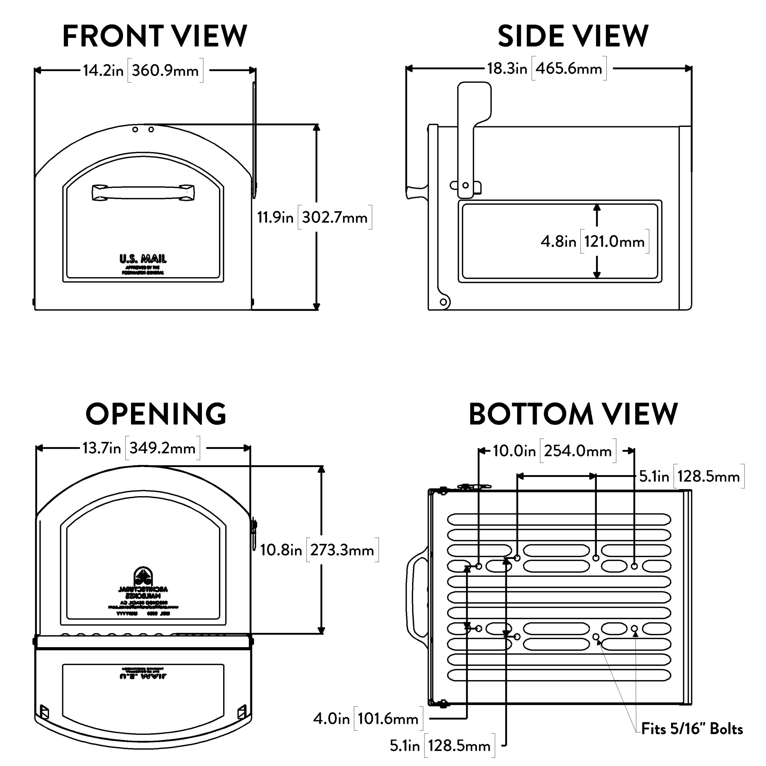 Technical drawings showing front, side, opening, and bottom views with dimensions for a mailbox-like unit (measurements in inches and mm).