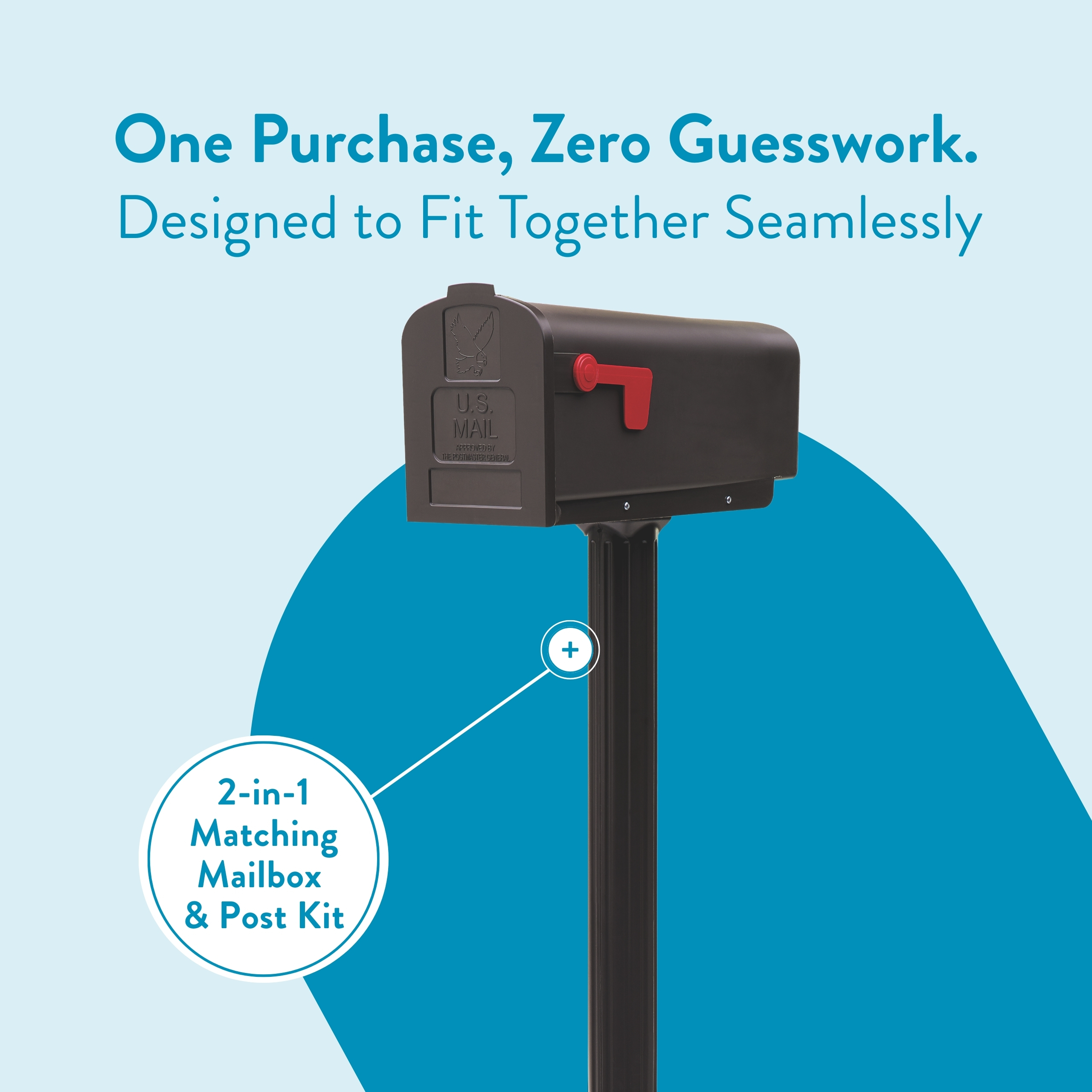 Product promo image showing a 2-in-1 matching mailbox and post kit mounted on a pole against a blue backdrop; emphasizes seamless fit and easy purchase.