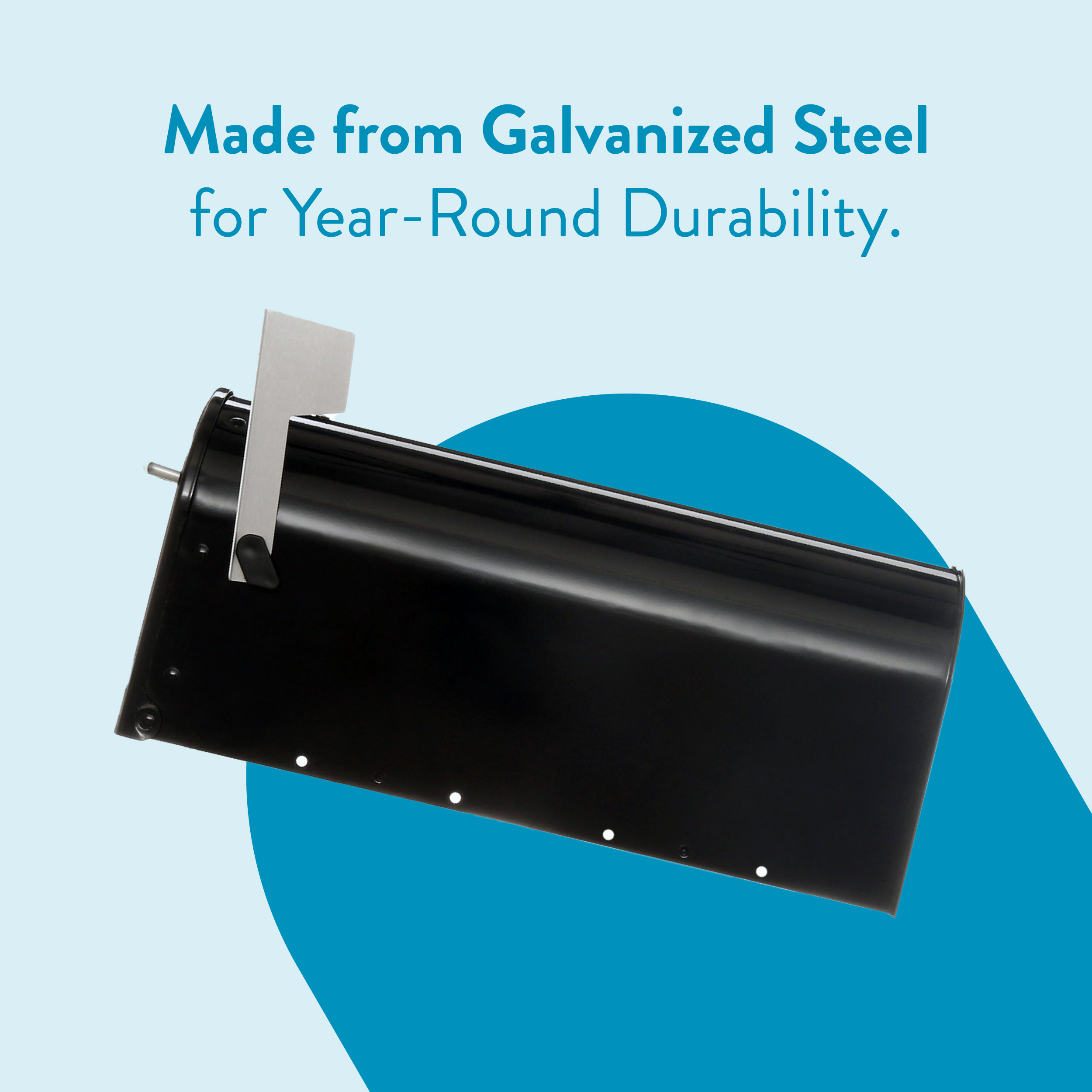 Black metal mailbox component with a silver latch on a pale blue background, highlighting a galvanized-steel, durable part for all-season use (advertising context).