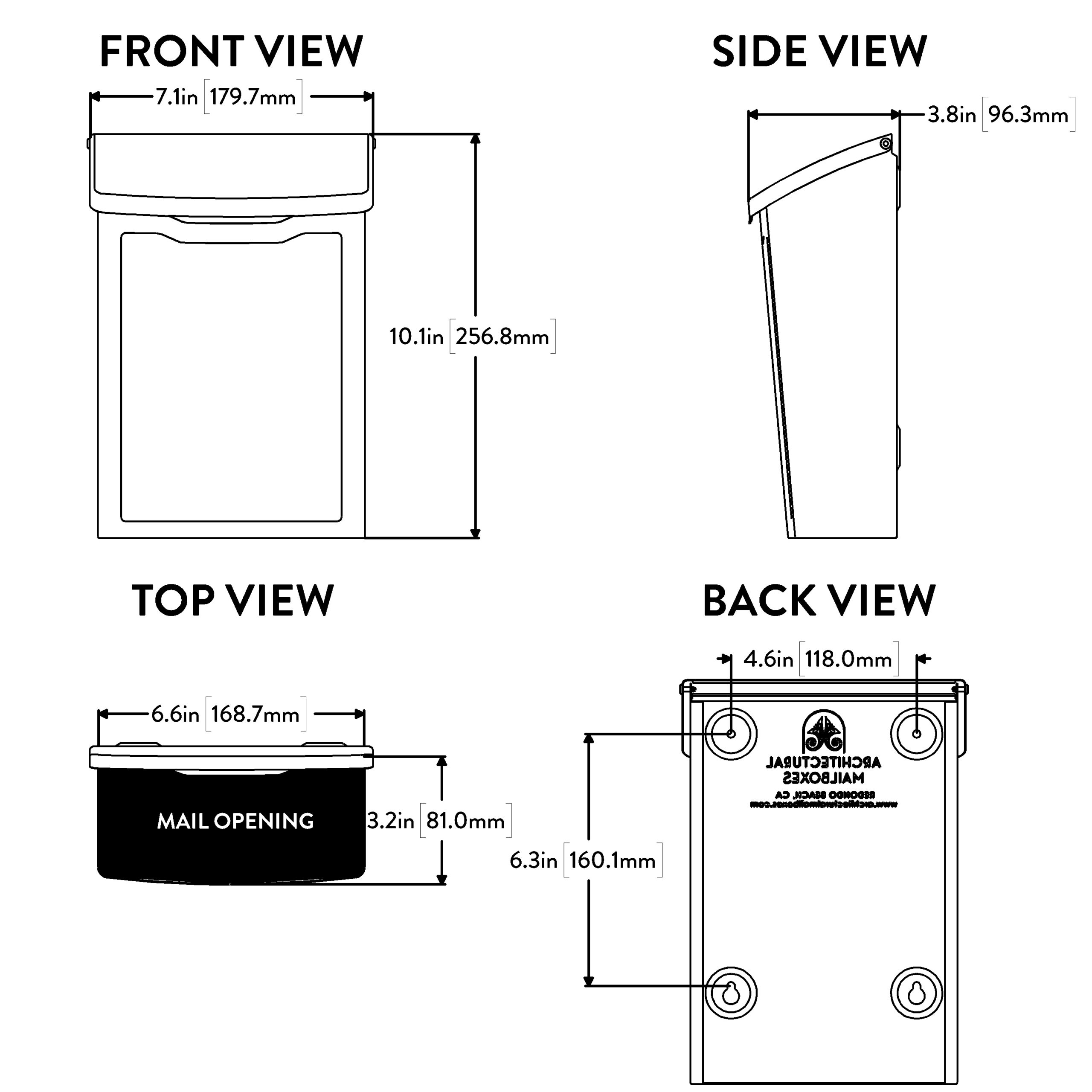 Technical drawing of a wall-mounted mailbox shown in front, side, top, and back views with dimensions in inches and millimeters.