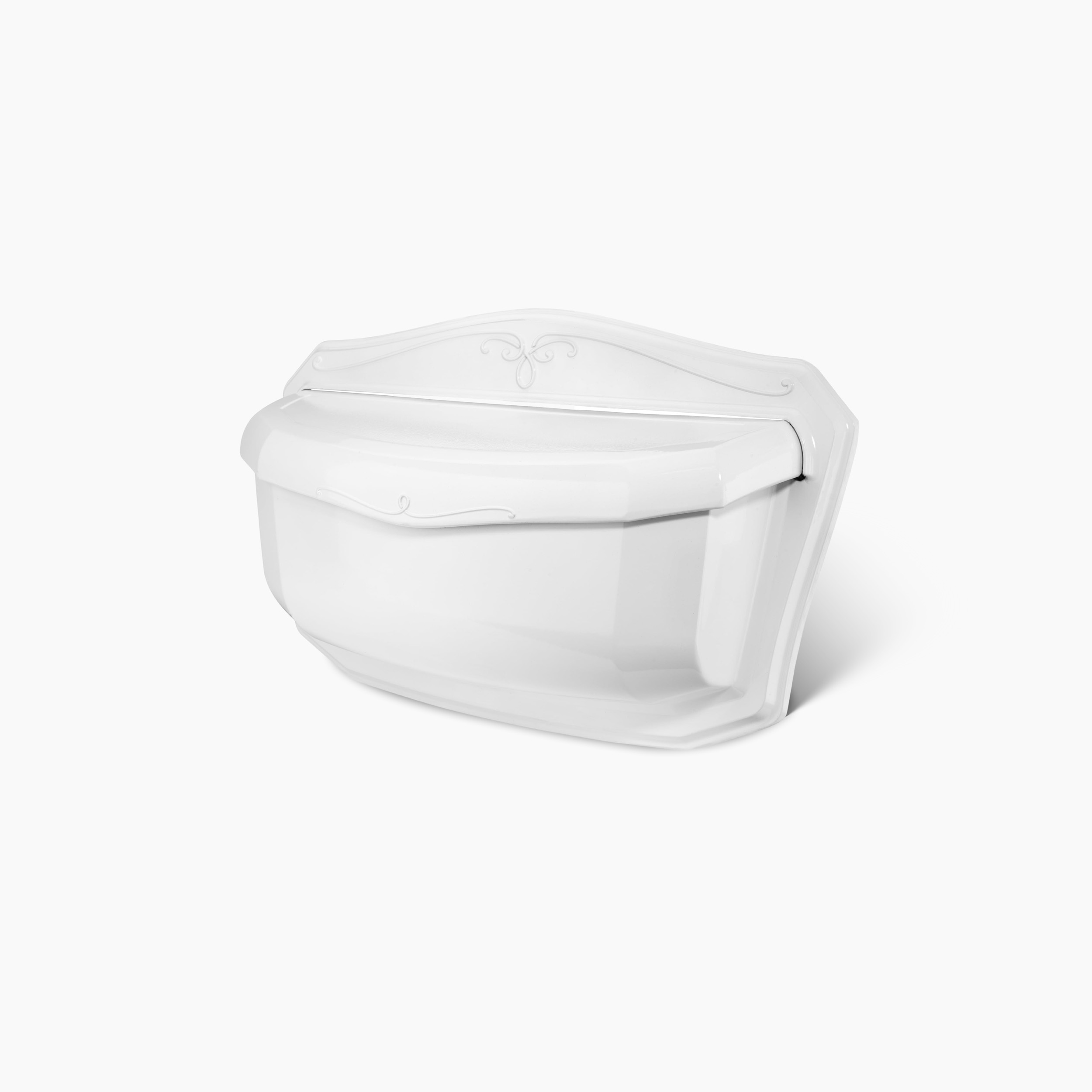 White decorative wall-mounted storage box with a hinged lid and subtle floral detailing