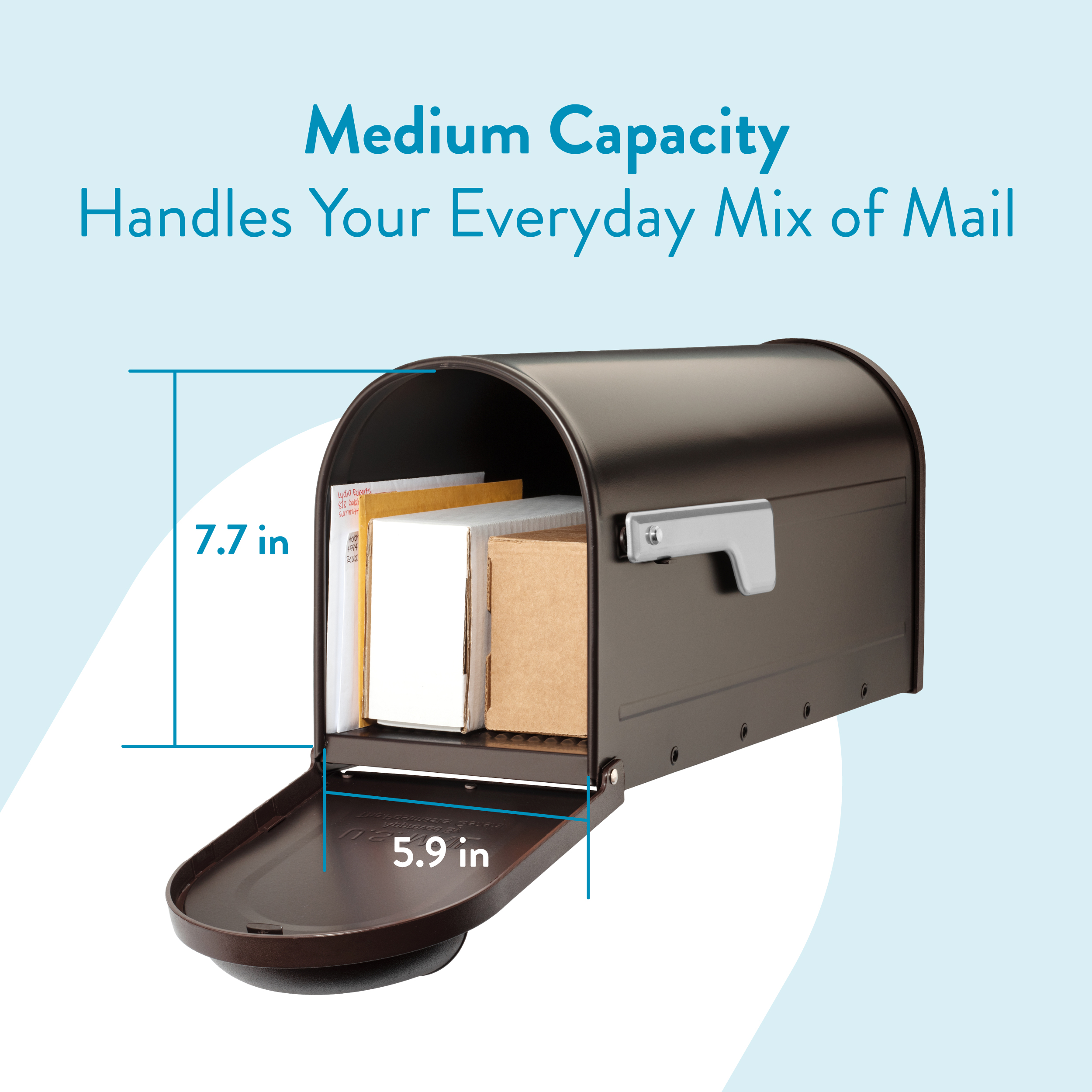 Black curved mailbox with its door open, showing assorted letters and boxes inside; blue measurement lines label 7.7 in height and 5.9 in depth, indicating medium capacity for everyday mail.