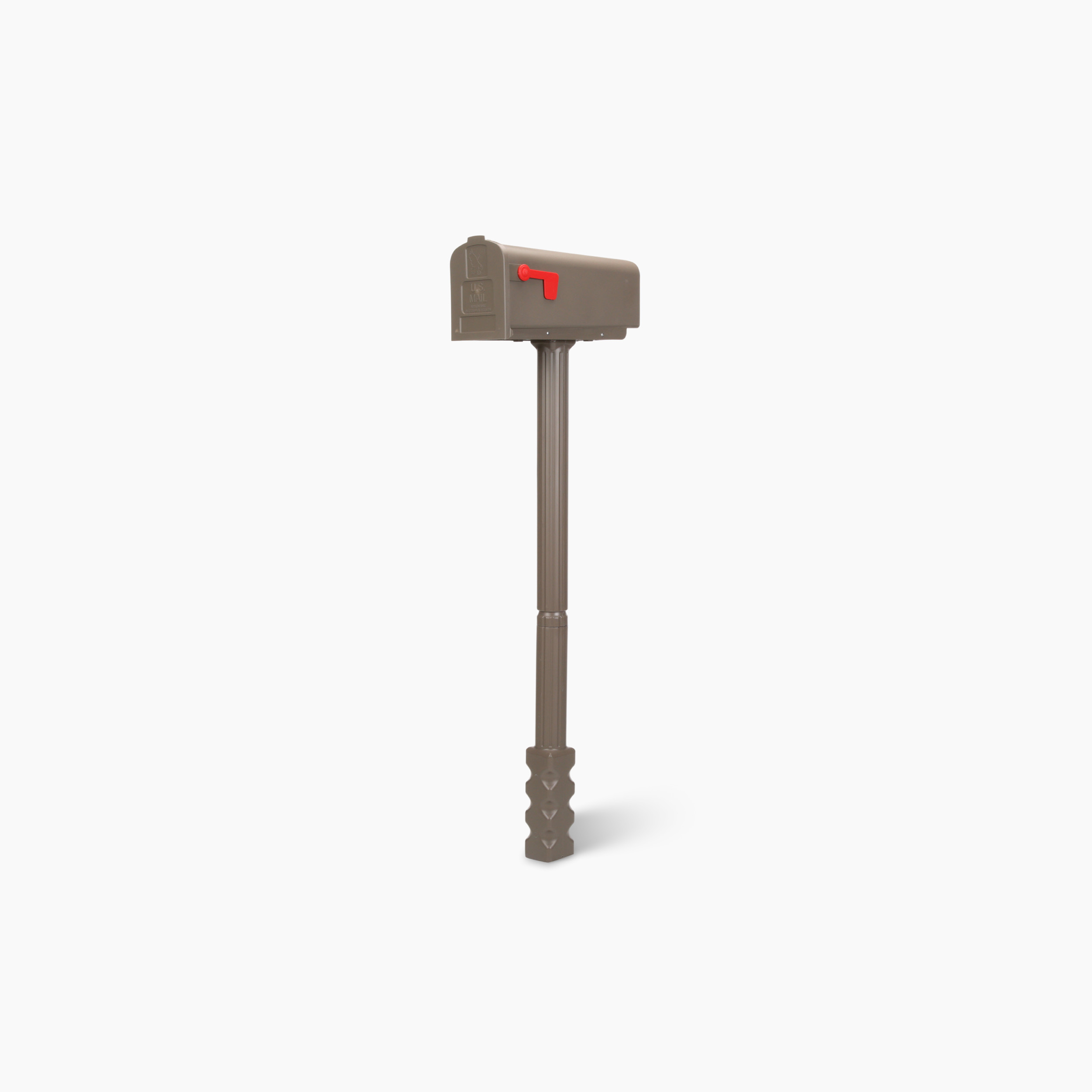 Brown mailbox on a tall pole with a red flag raised, isolated on white background.