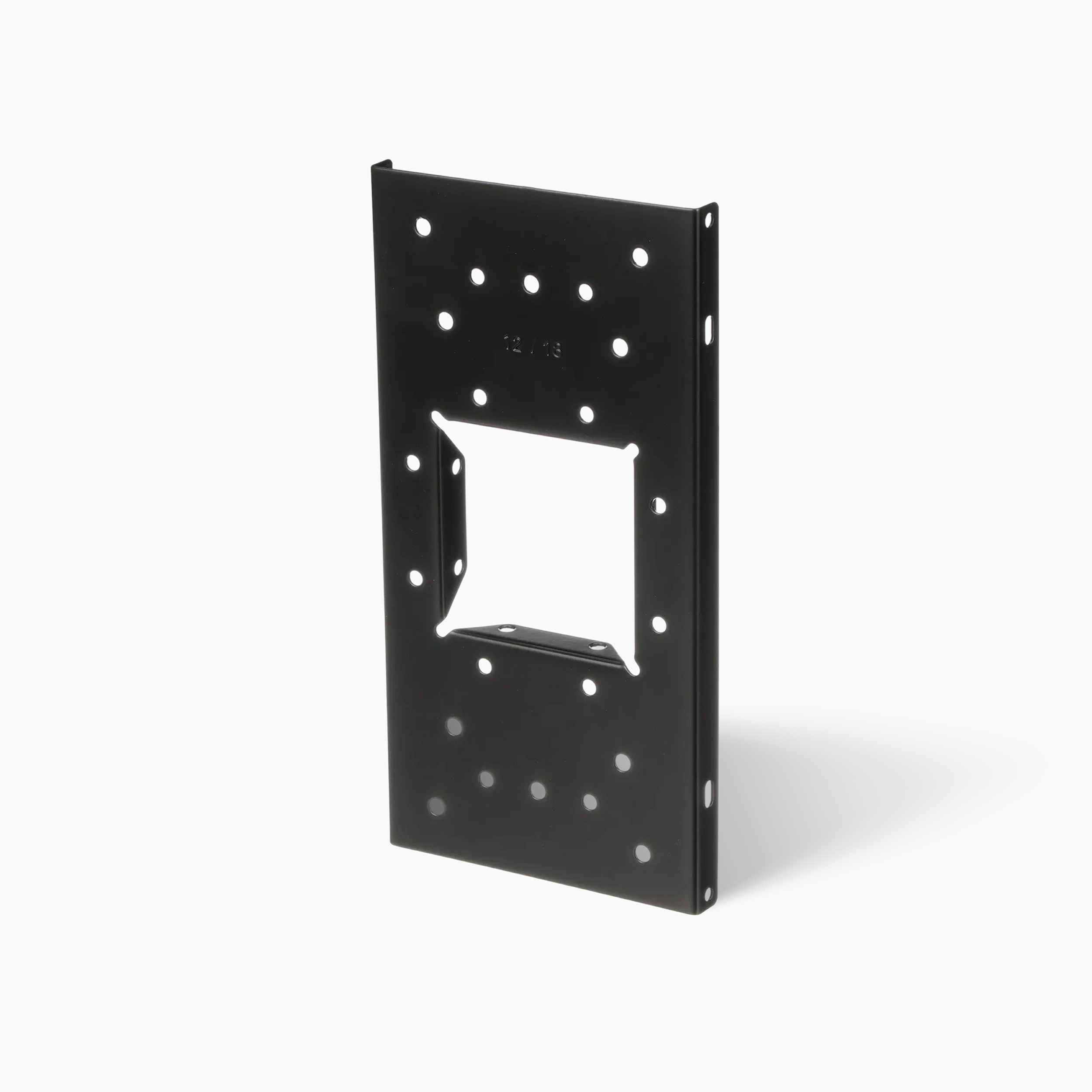 Black metal mounting plate with evenly spaced holes and a central square cutout on a white background.