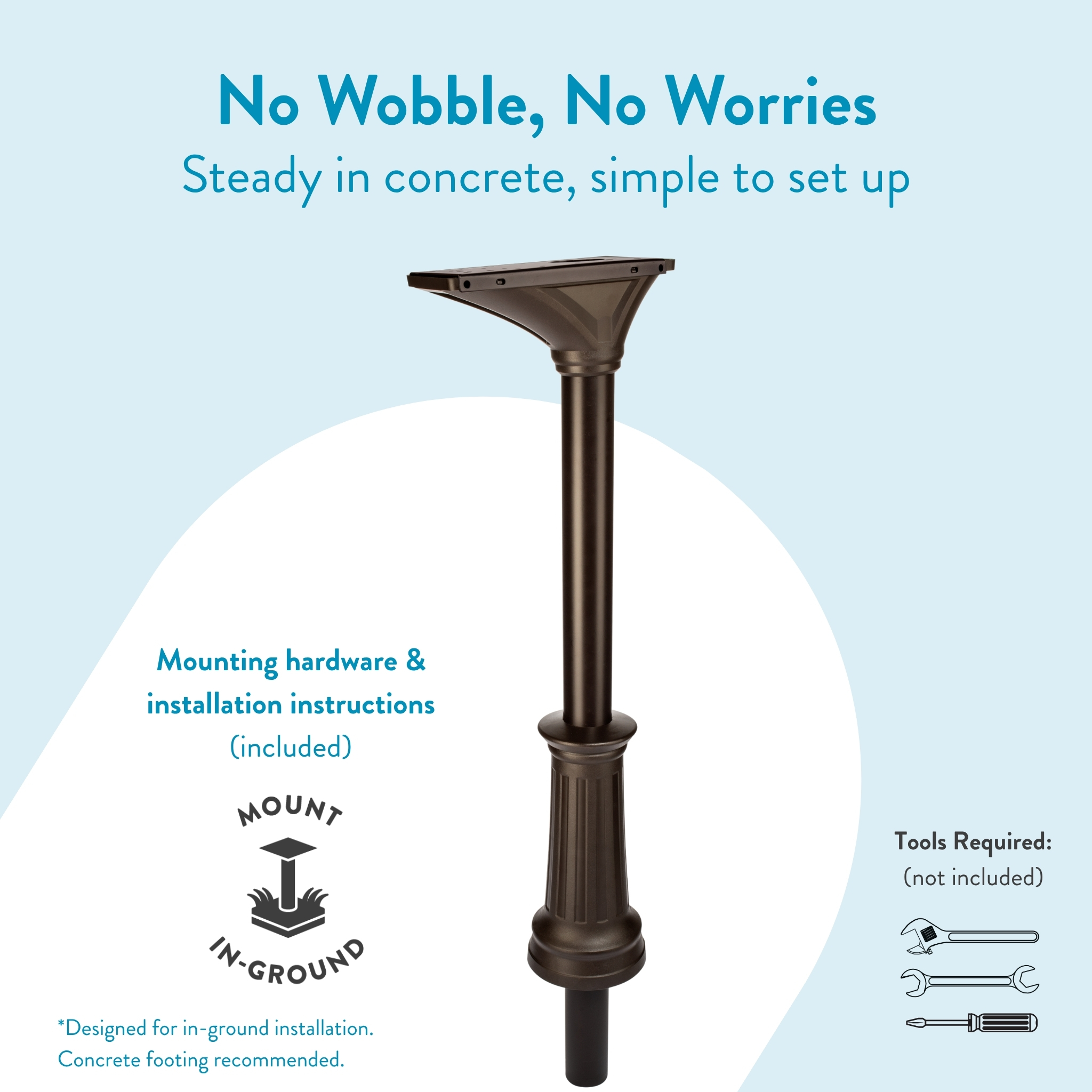In-ground mounting post on a pale blue poster, advertising a steady setup and including mounting hardware (text on image).