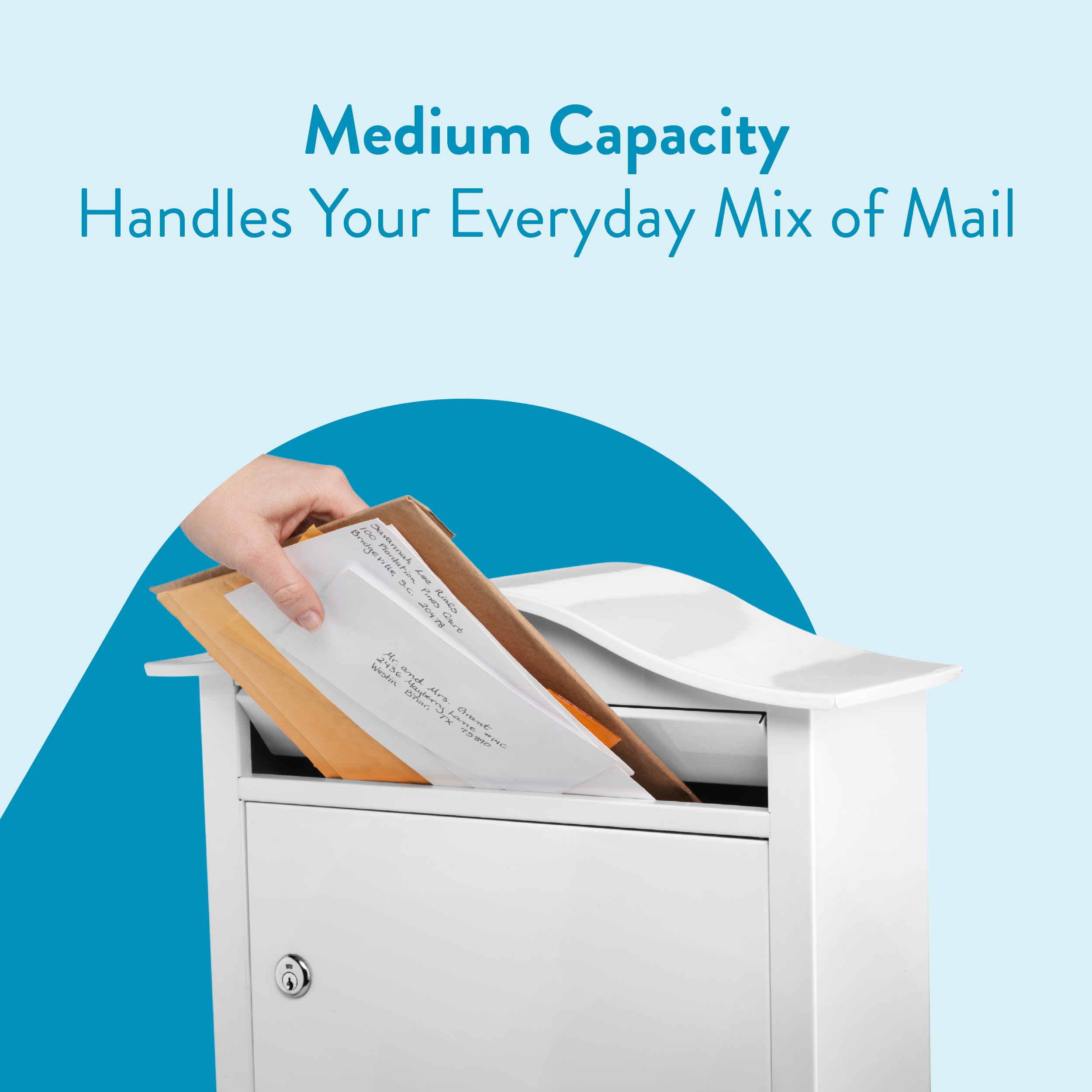 Hand inserting envelopes into a white mailbox to show a medium-capacity mail solution.