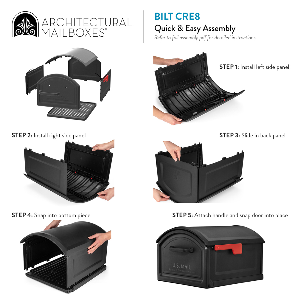 Step-by-step exploded diagram for assembling an Architectural Mailboxes BILT CRE8 mailbox (Quick & Easy Assembly).