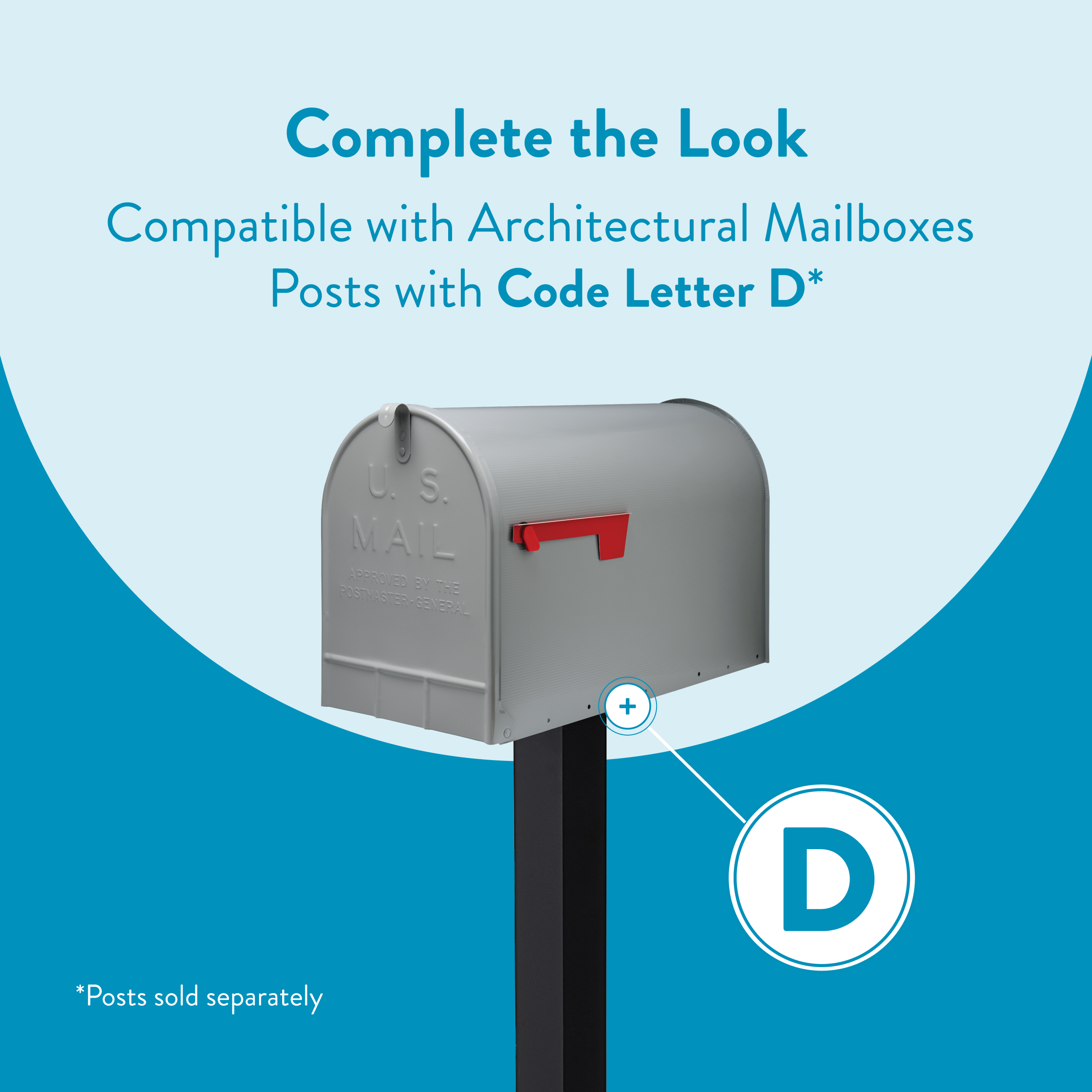 Promotional graphic showing a gray U.S. Mail mailbox on a black post against a blue background, highlighting a Code Letter D compatible post (posts sold separately).