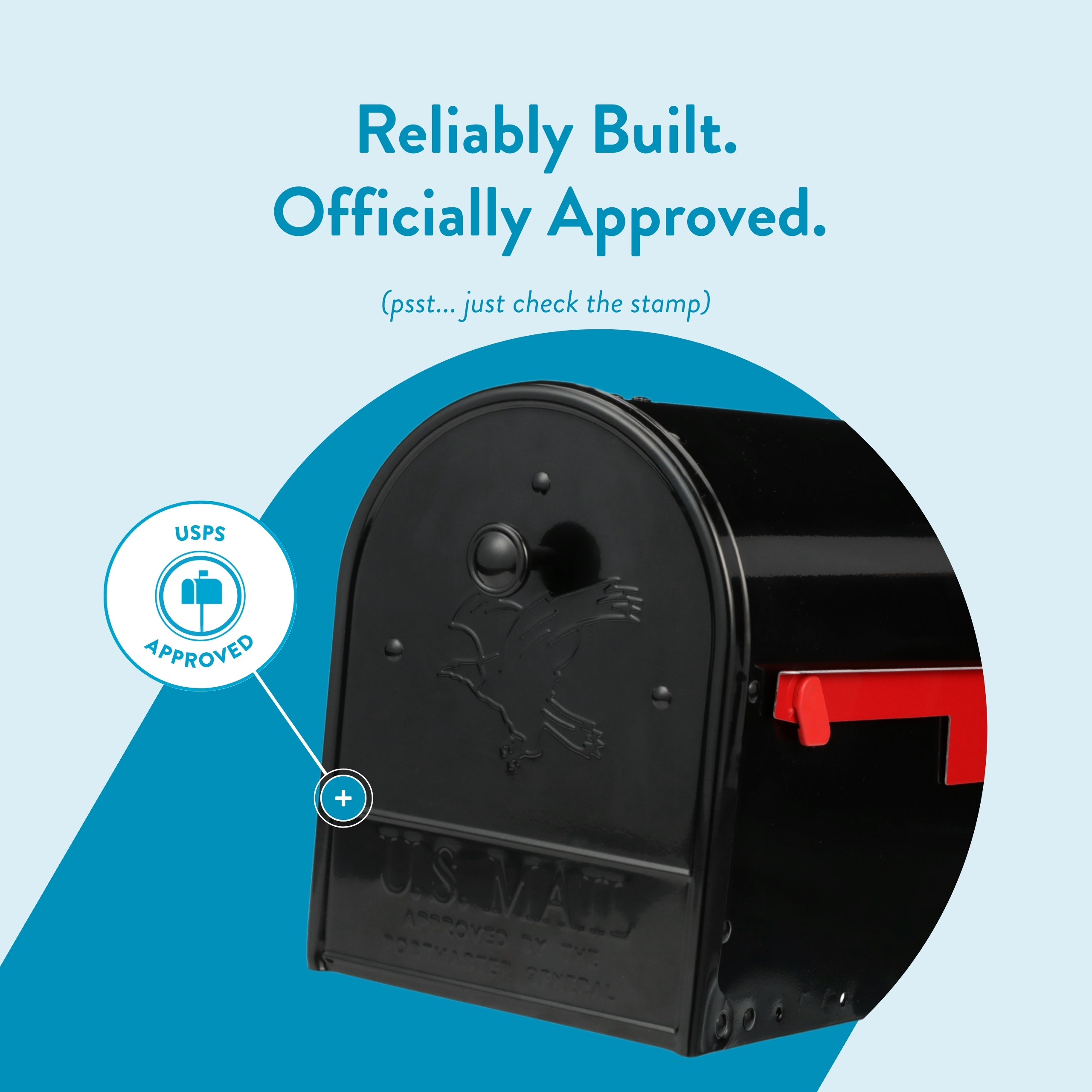 Mailbox with a USPS-approved stamp, promoting reliability and official approval. The text reads 'Reliably Built. Officially Approved.' (psst... check the stamp).