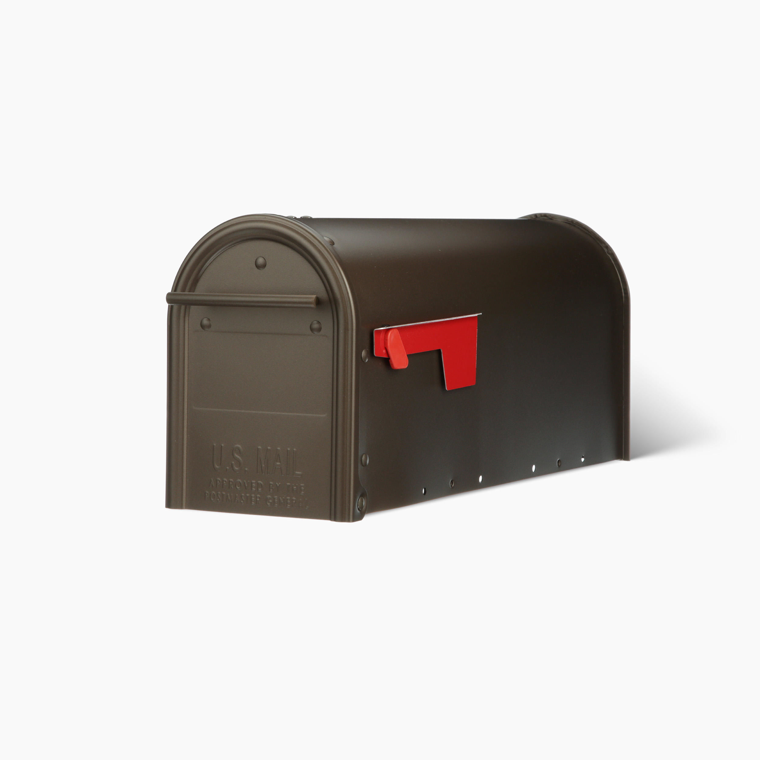 Dark metal curbside mailbox with a red flag raised for outgoing mail