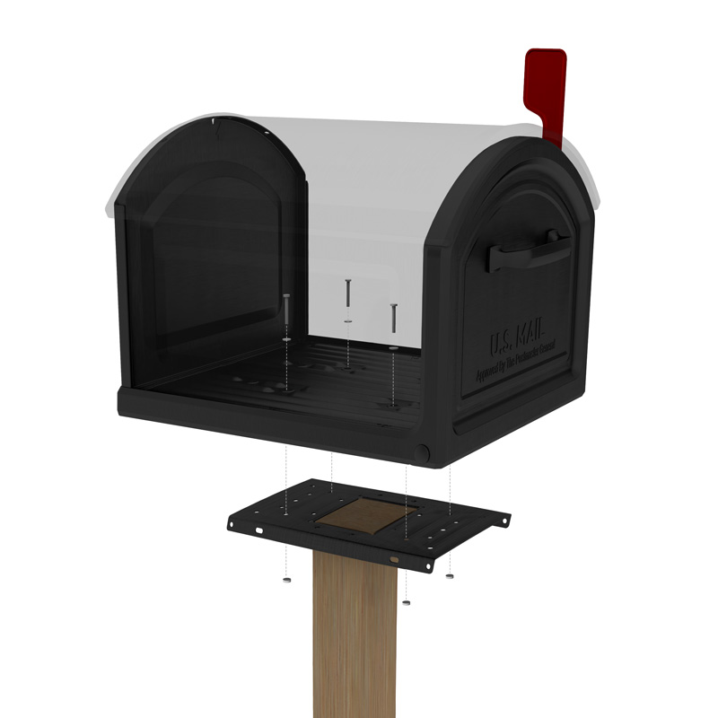 3D render of a black curbside mailbox with a red flag, shown detached from its post and mounting plate.