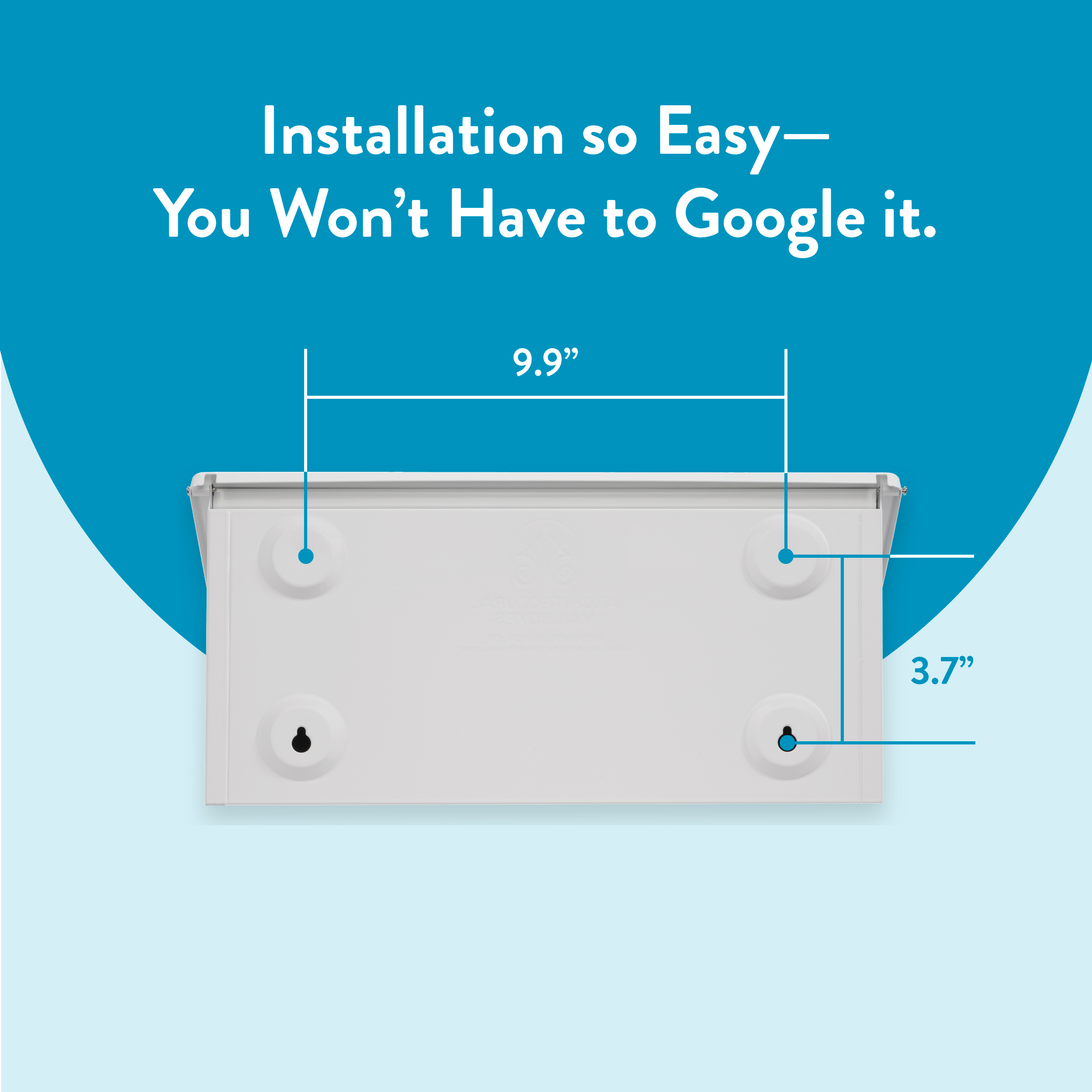 Infographic showing mounting dimensions: 9.9 inches wide with 3.7-inch hole spacing on a white device against a blue background.