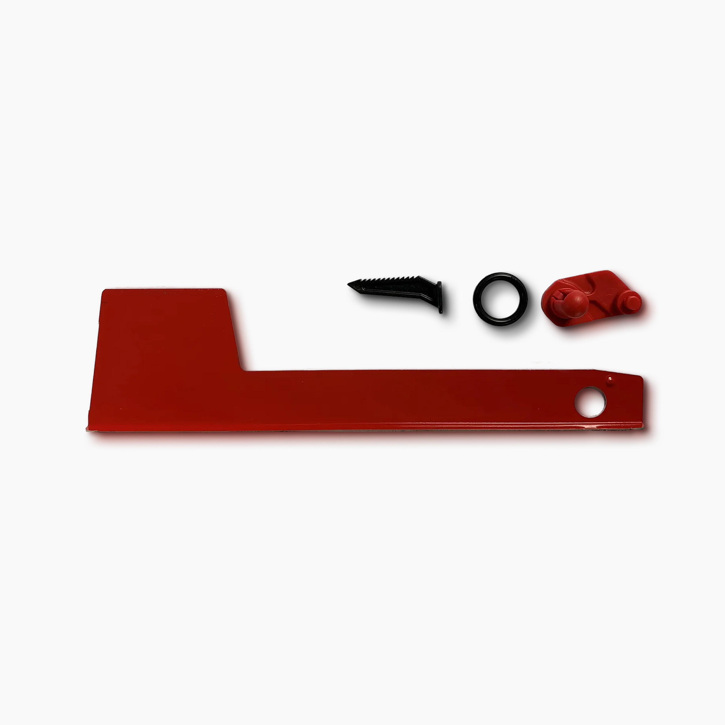 Red metal handle/bar with a hole at the end, shown with a black screw, a circular ring, and a red small latch piece laid out separately.