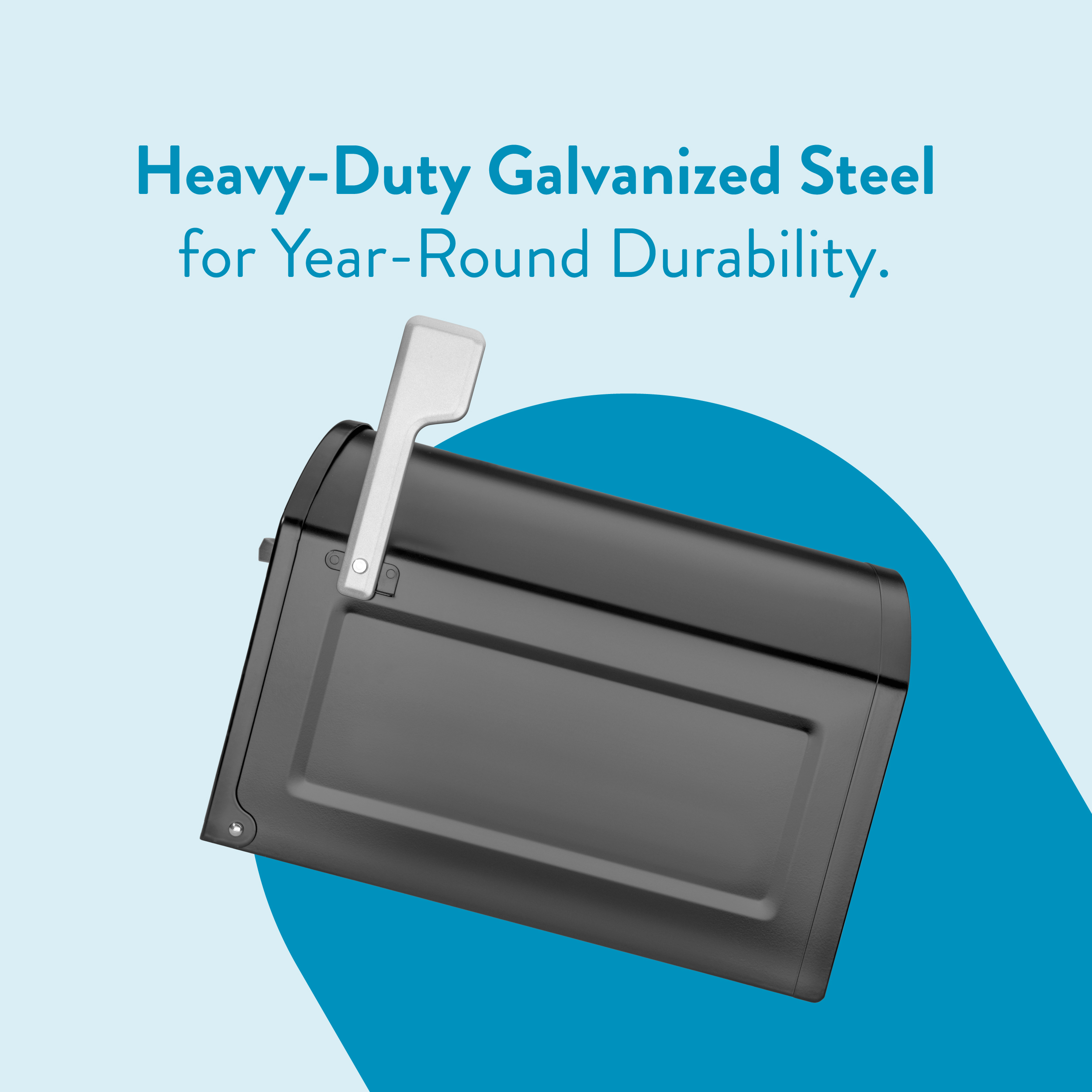 Advertisement promoting heavy-duty galvanized steel; gray tool with a silver lever on a pale blue background with a blue arc.