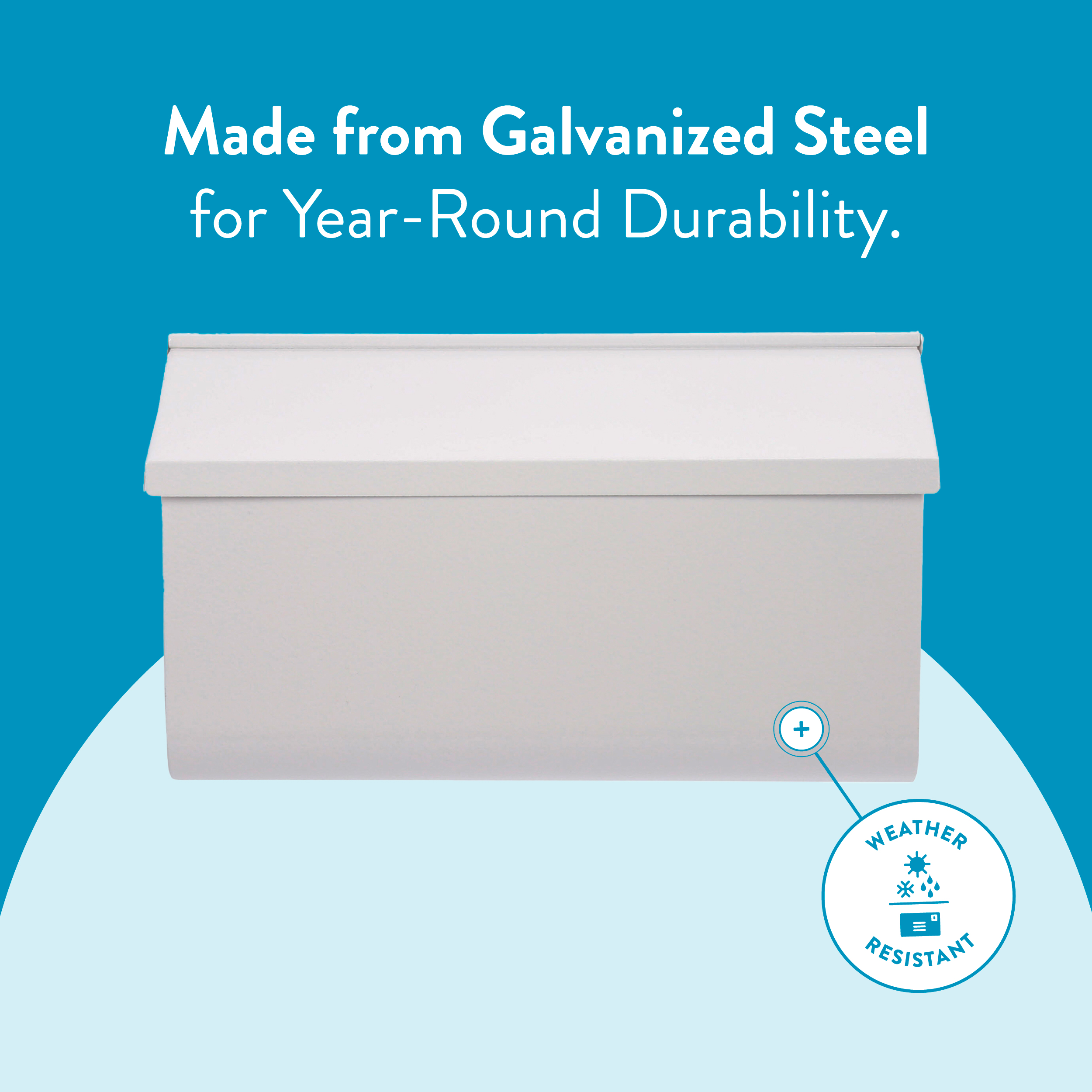 White galvanized-steel storage box on blue background with a weather-resistant badge.