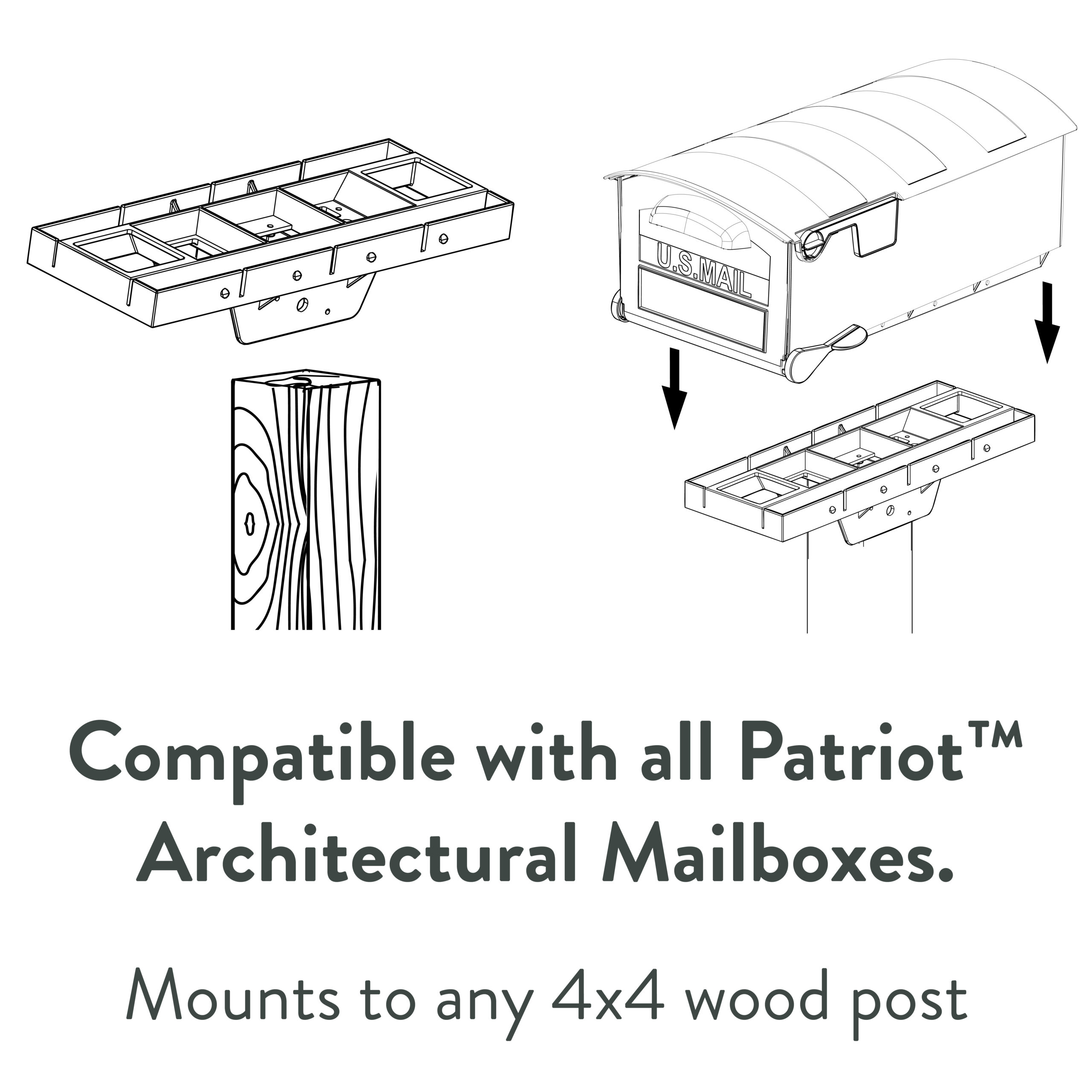 Product diagram showing a mounting bracket compatible with Patriot architectural mailboxes and 4x4 wood posts.