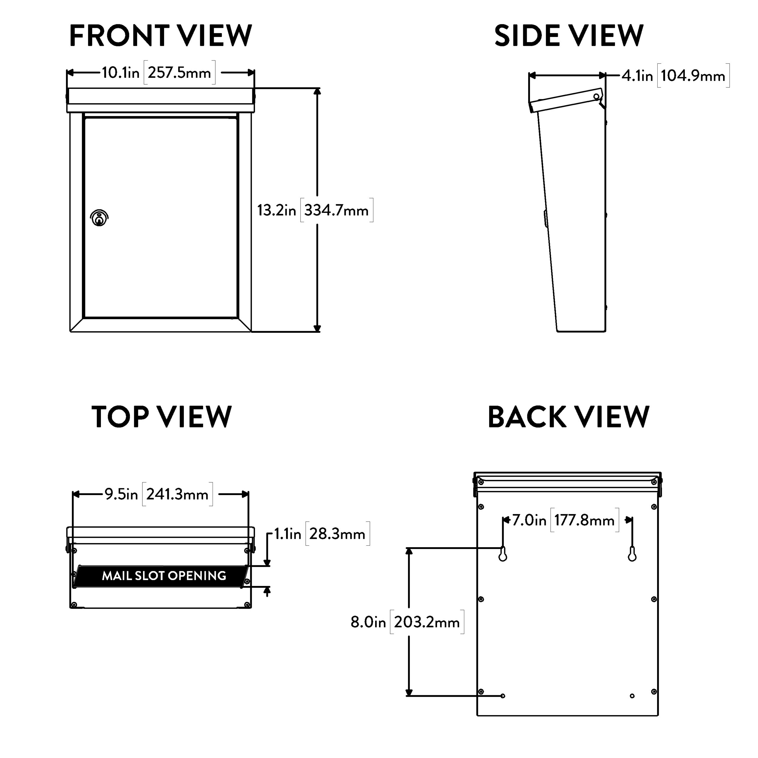 Technical drawing of a rectangular mailbox shown in front, side, top, and back views with labeled dimensions (width 10.1 in, height 13.2 in, depth 4.1 in).