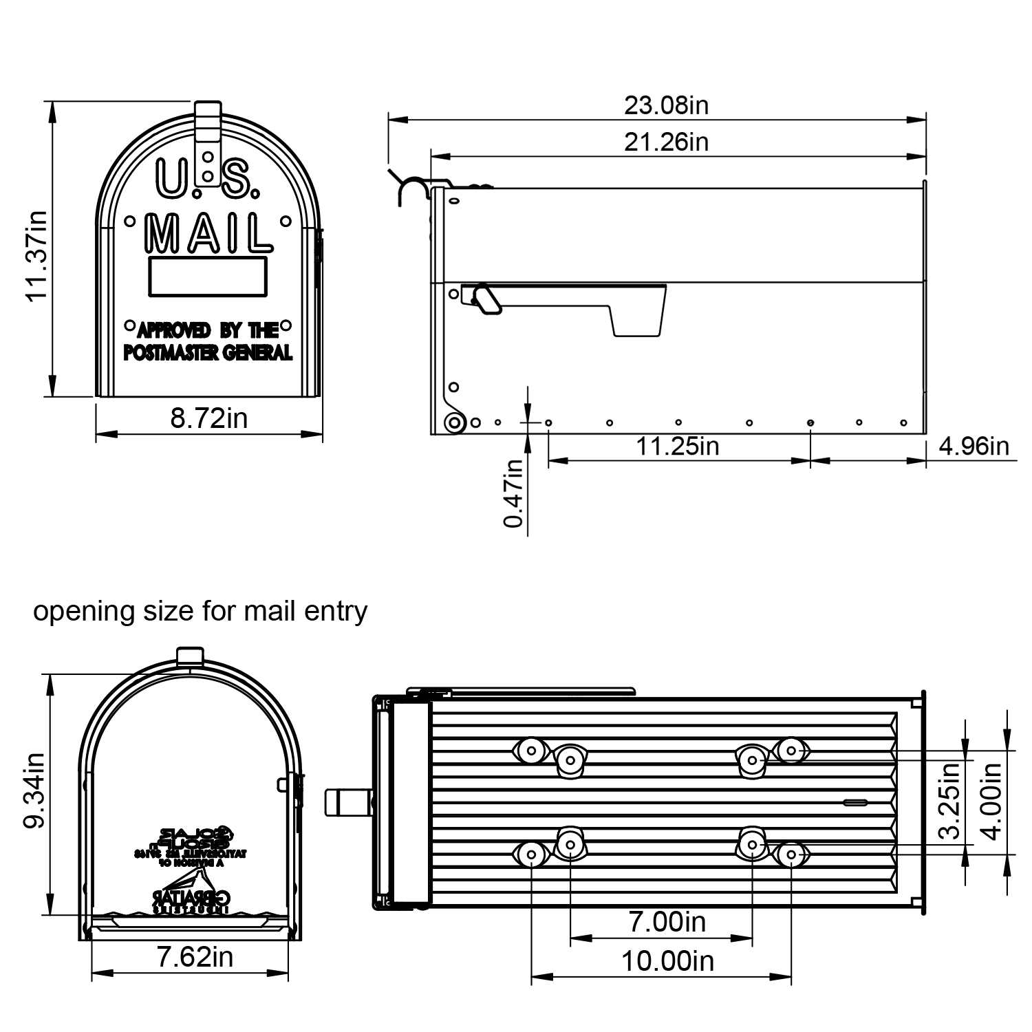 Technical diagram of a U.S. Mail mailbox showing front and side views with dimensions (length ~23 in, height ~11.4 in) and an opening area ~9.34 in by 7.62 in for mail entry