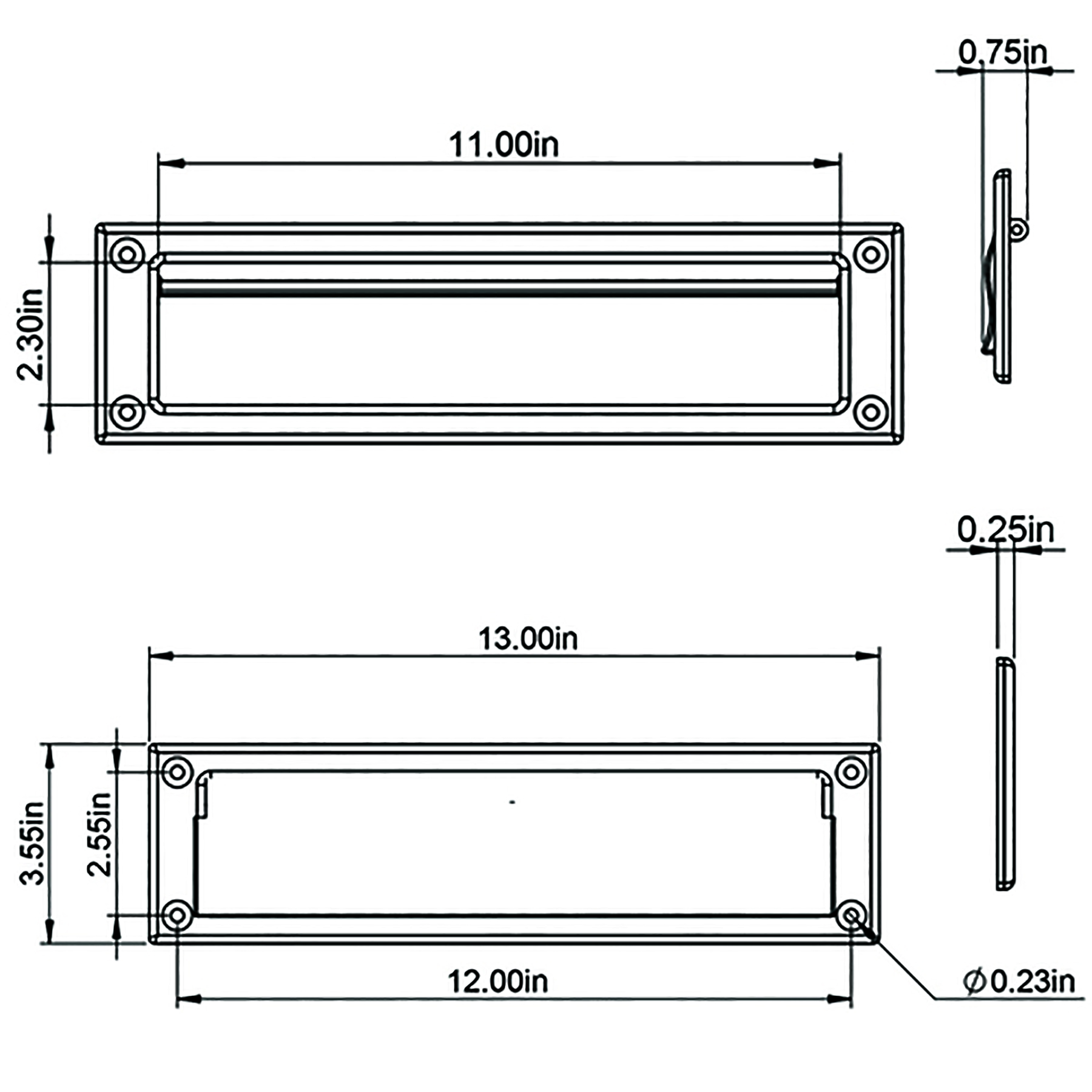 Engineering line drawing of a rectangular panel with corner mounting holes; front is 11 in by 2.3 in, depth 0.75 in.