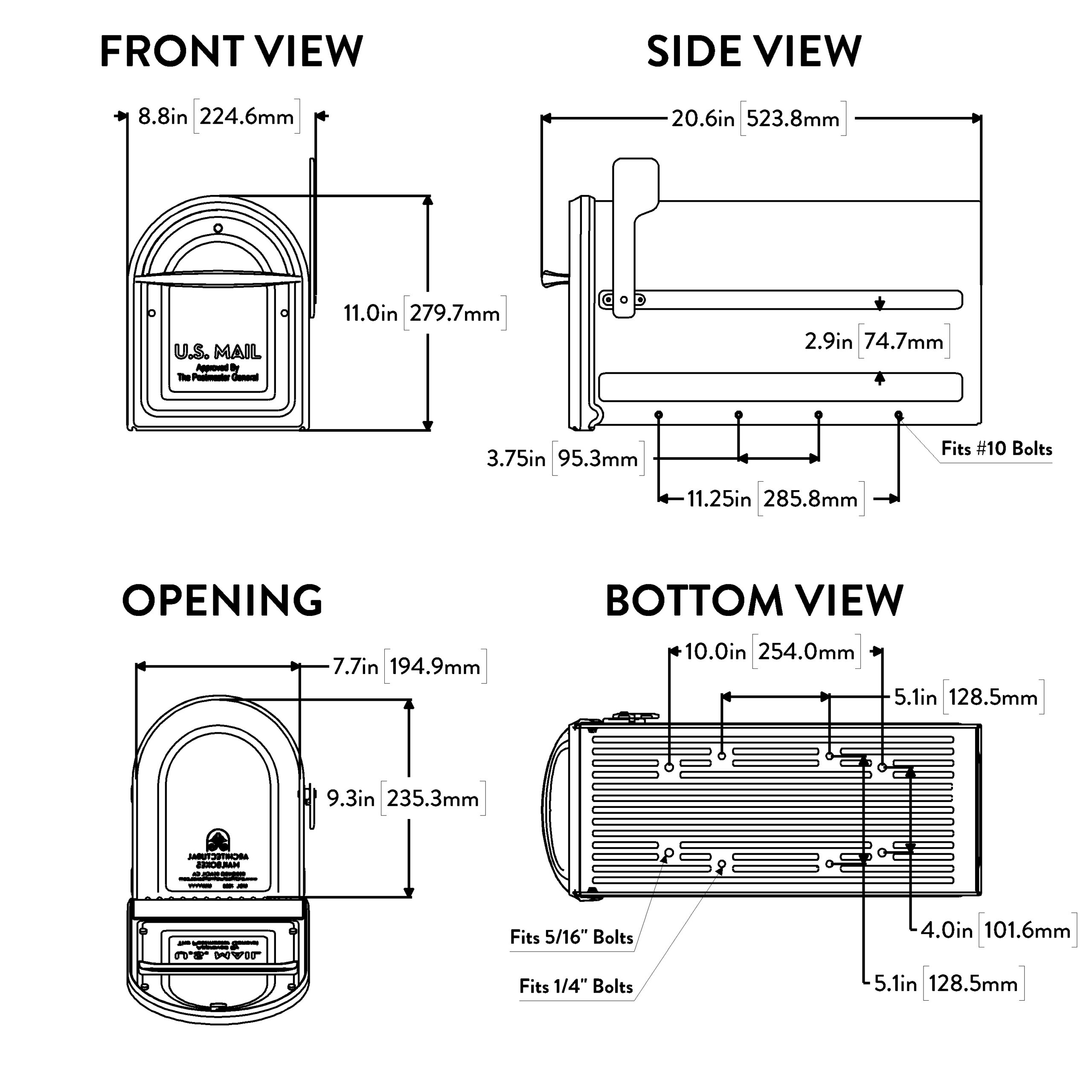 Technical drawing of a lockbox with front, side, opening, and bottom views showing overall dimensions and mounting hole spacing for installation.