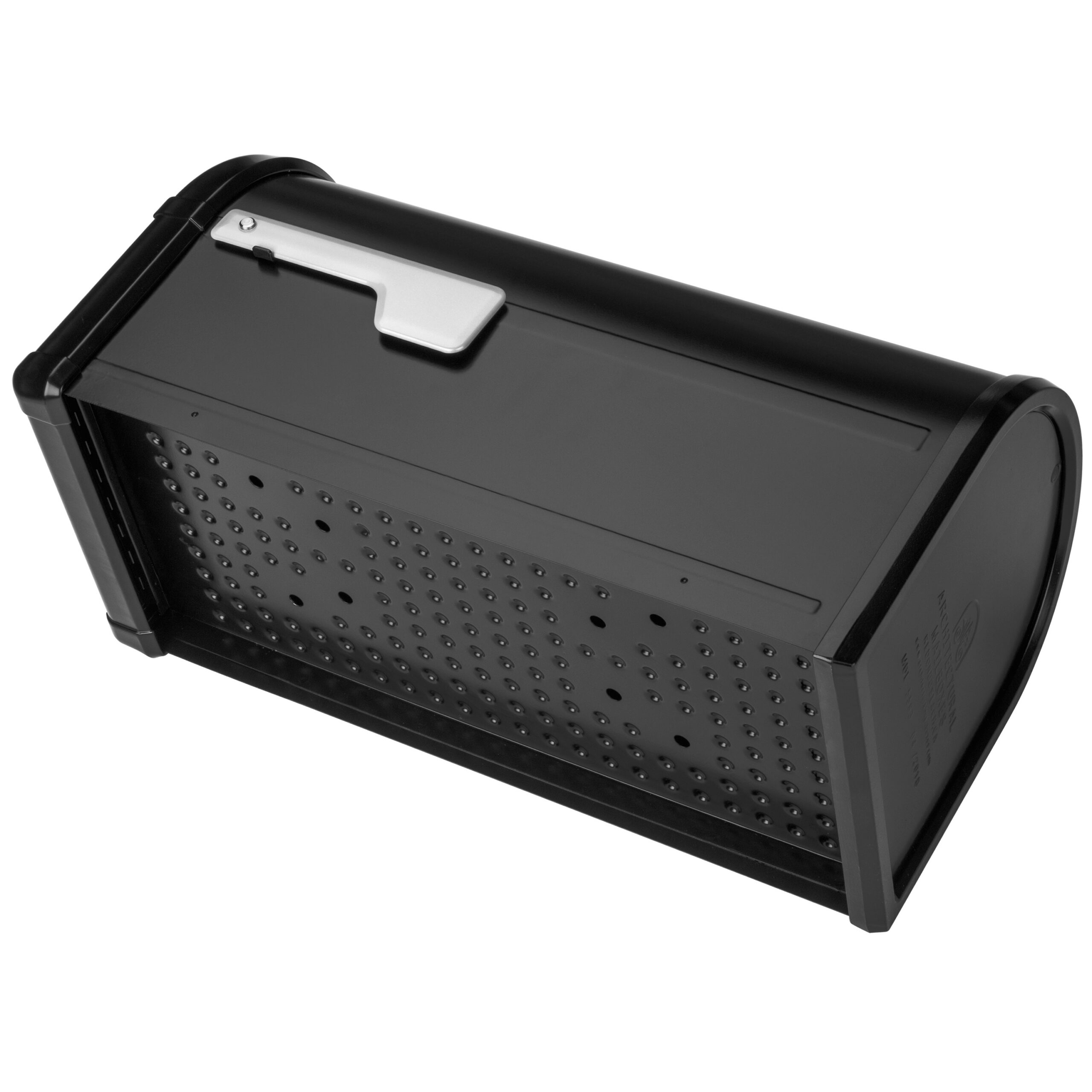 Black metal mailbox/deposit box with a horizontal slot on top and a perforated front panel, silver latch visible