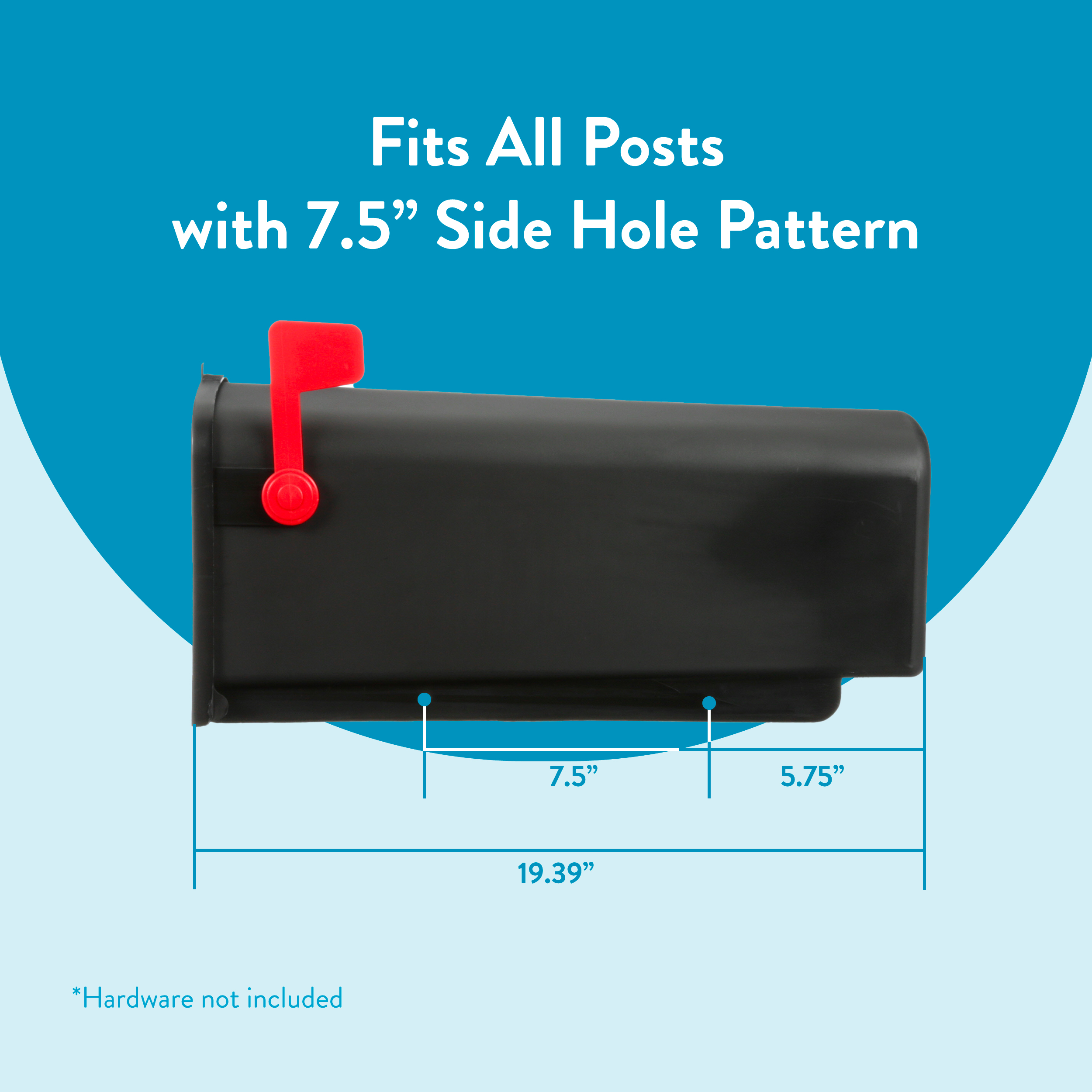 Black post-mount hardware with a red lever displayed on a blue background; measurement lines show 19.39