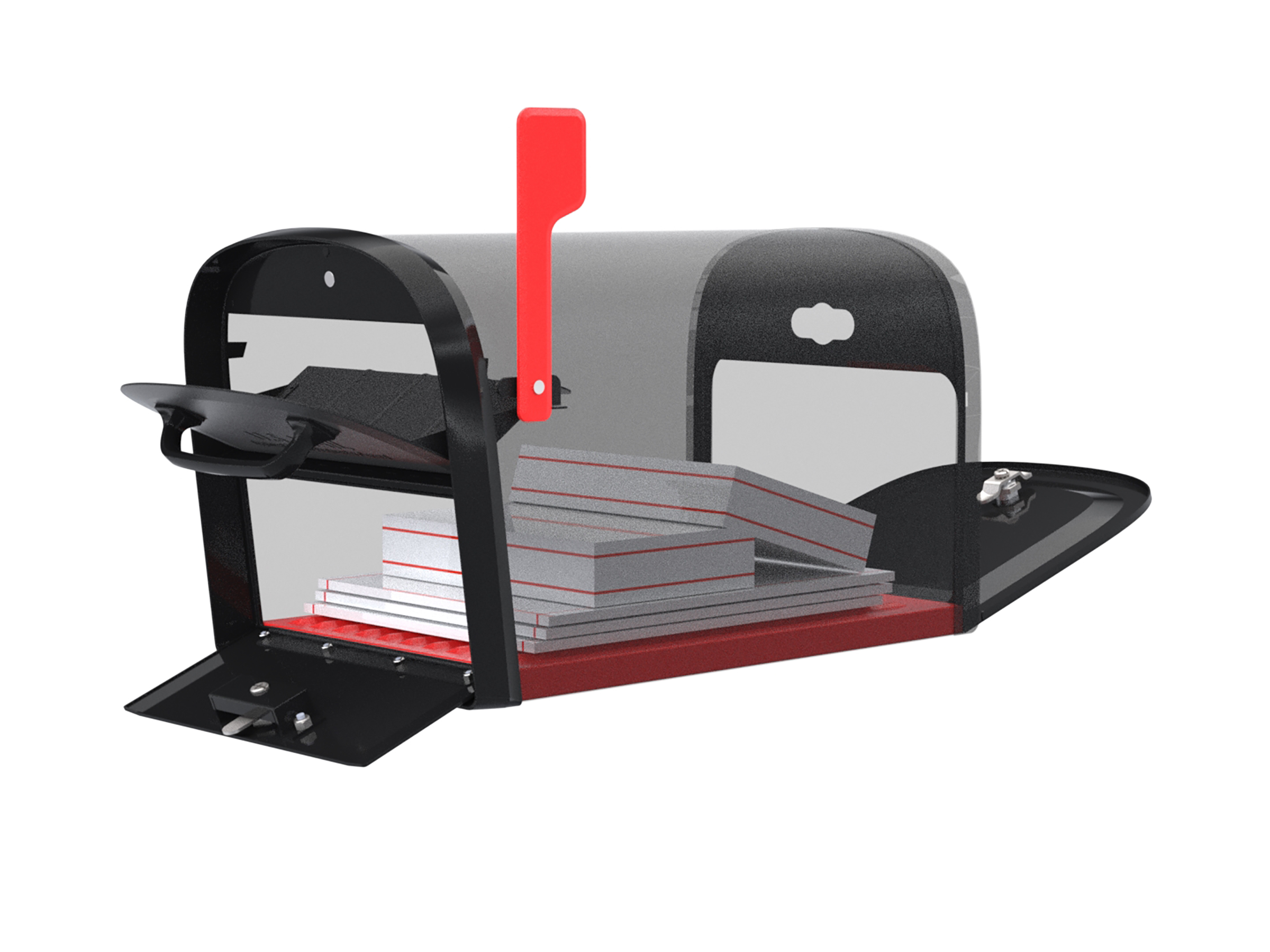 Open grey mailbox with red flag raised and a stack of mail inside and at the slot edge.