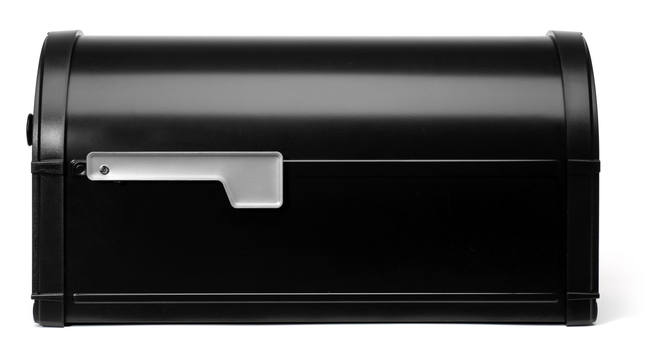 Side view of a black metal mailbox with a silver latch against a white background