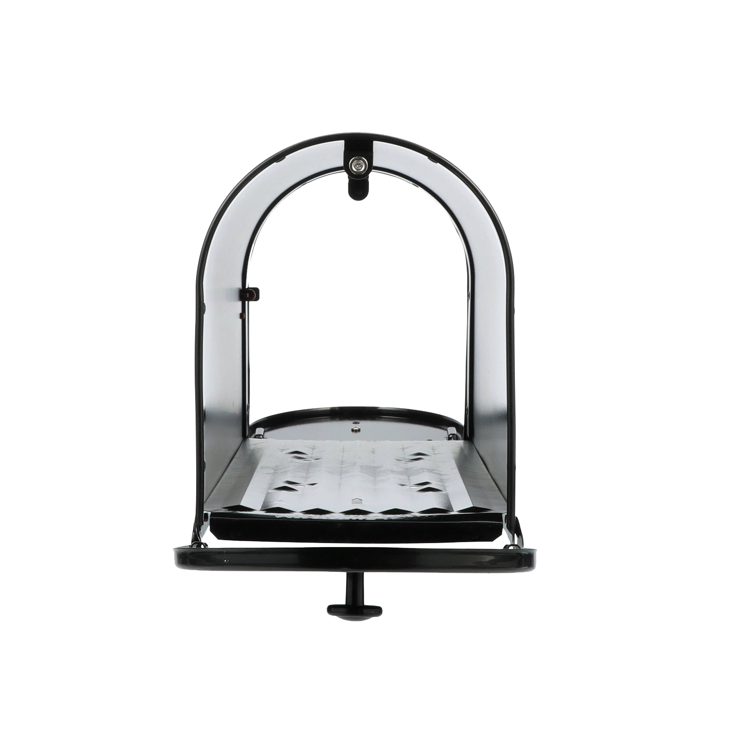 Metal pedestal mailbox with a curved arch frame and perforated base, mounted on a stand.