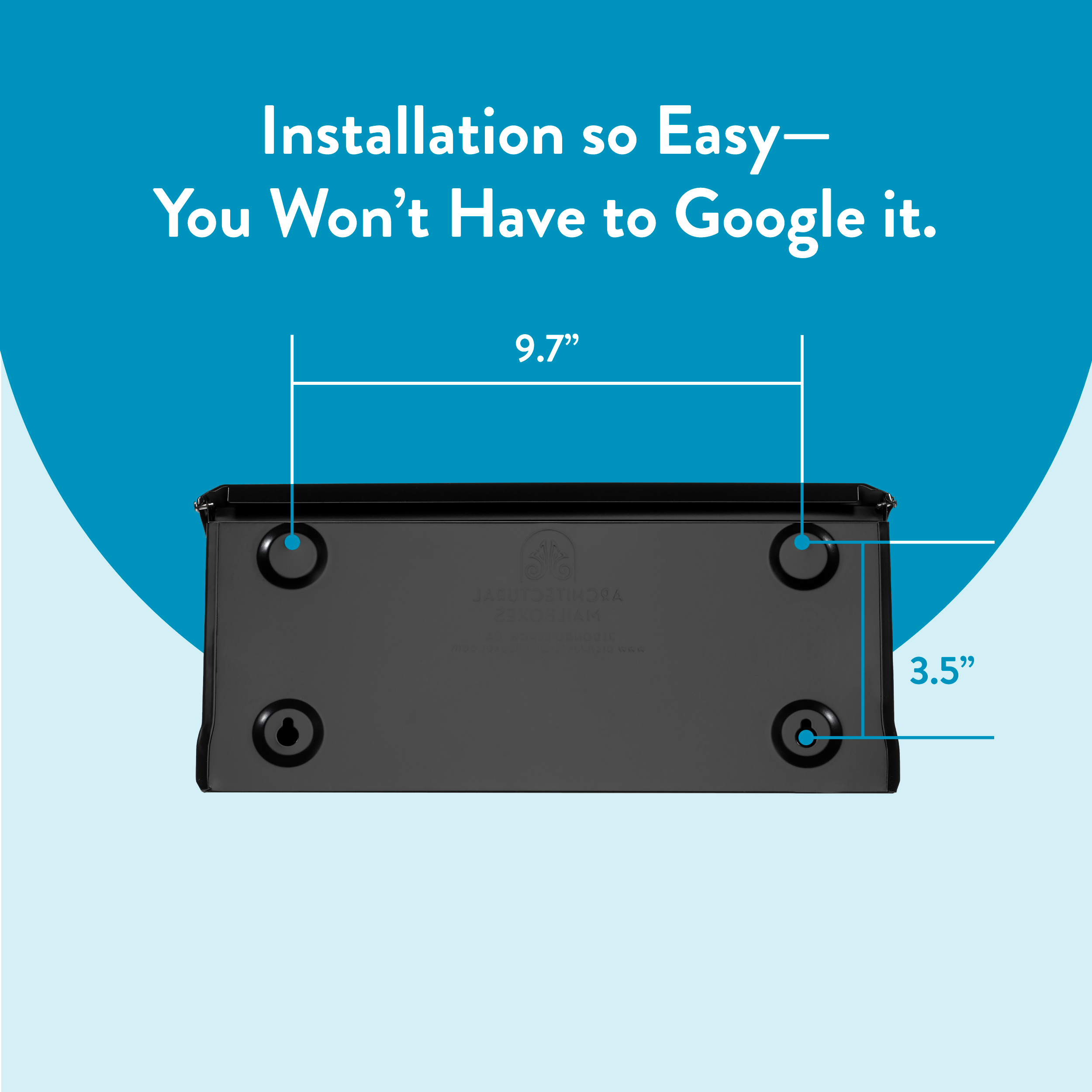 Infographic showing a black rectangular device with 9.7” width and 3.5” height on a blue background, with the headline “Installation so Easy— You Won’t Have to Google it.”