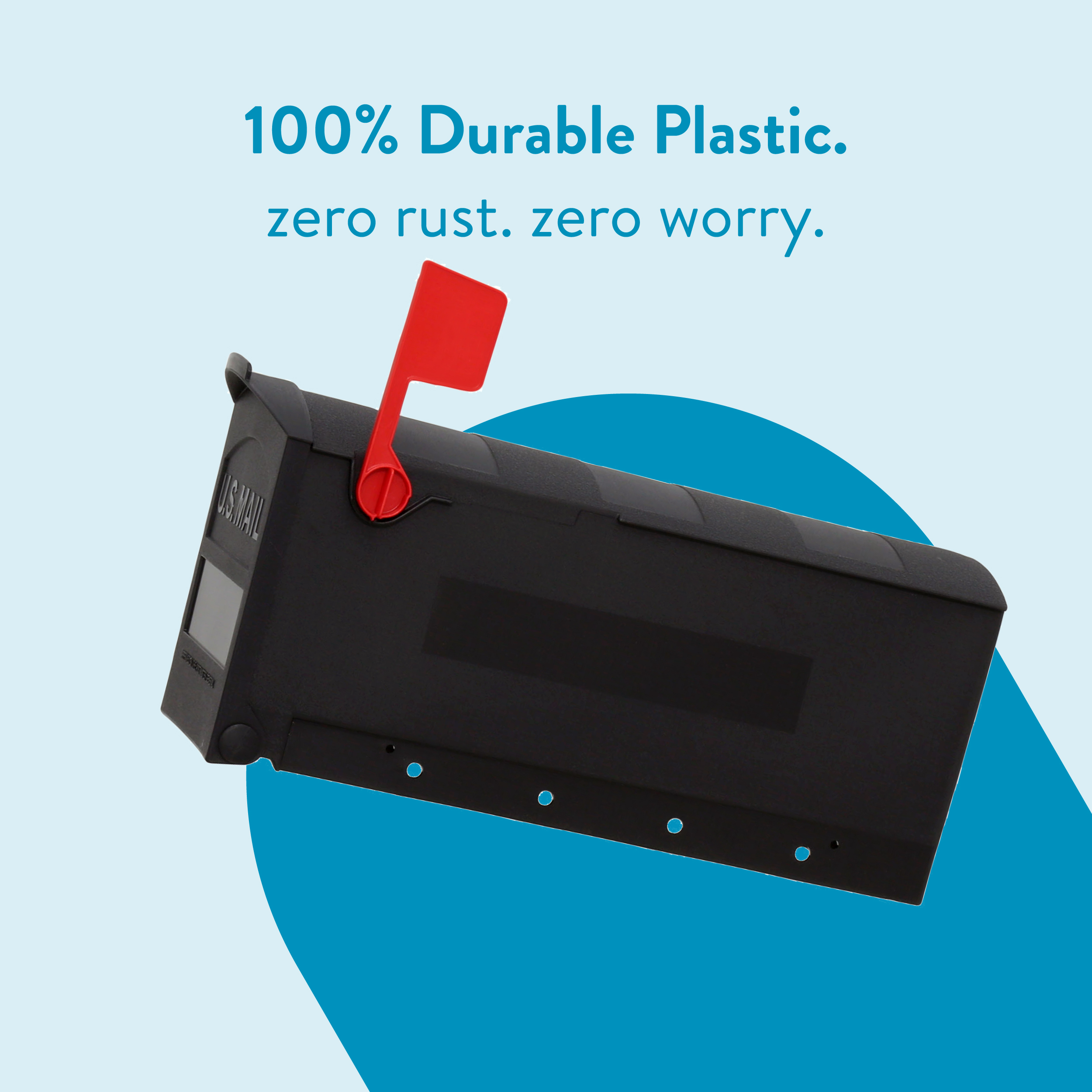 Promotional image of a black plastic mailbox with a red flag, on a pale blue background with blue shapes, advertising 100% durable plastic (rust-free).