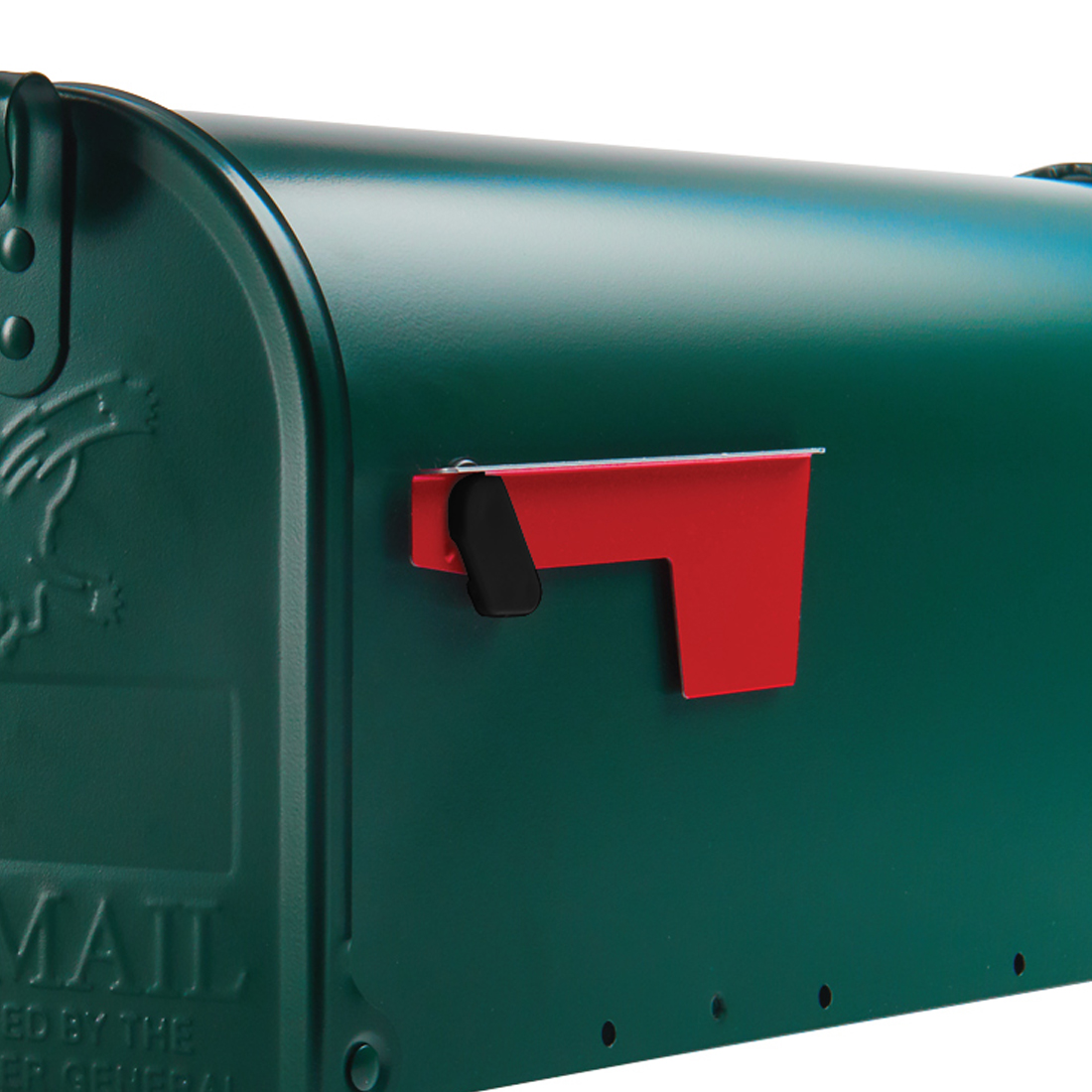Green metal mailbox with a red flag raised to signal outgoing mail