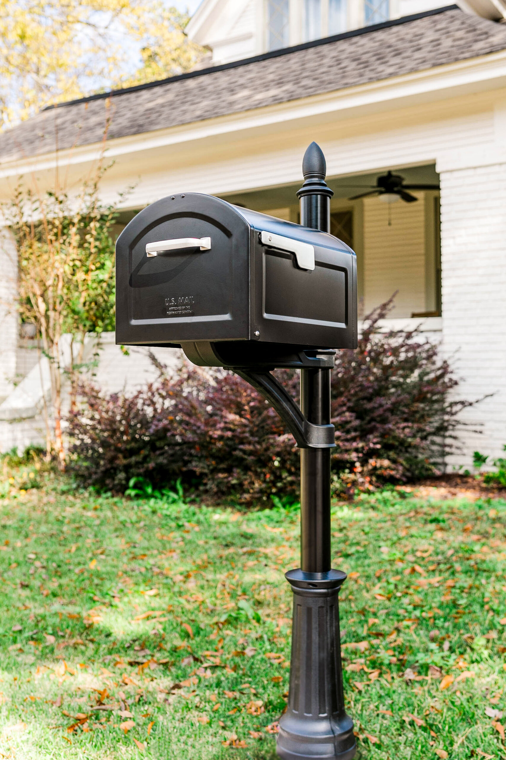 Black curbside mailbox on a tall black post in a suburban front yard, with a white house and fallen leaves in the grass behind it.”] ,